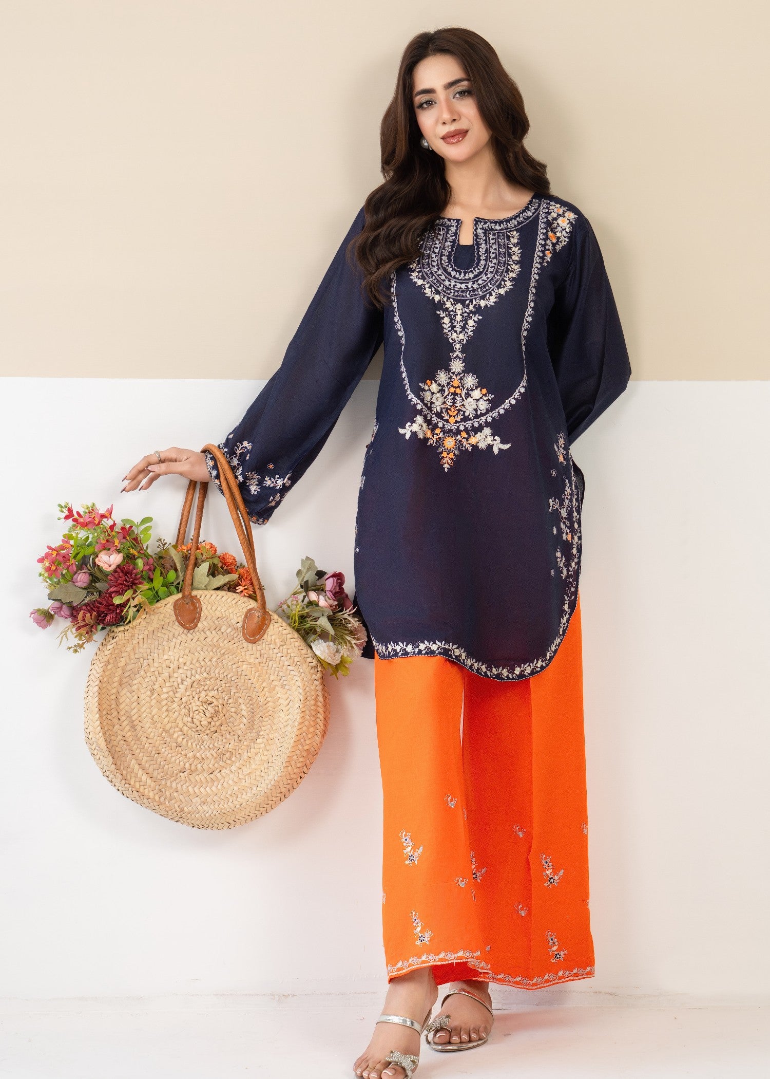 lawn Kurta Set in Orange, navy blue