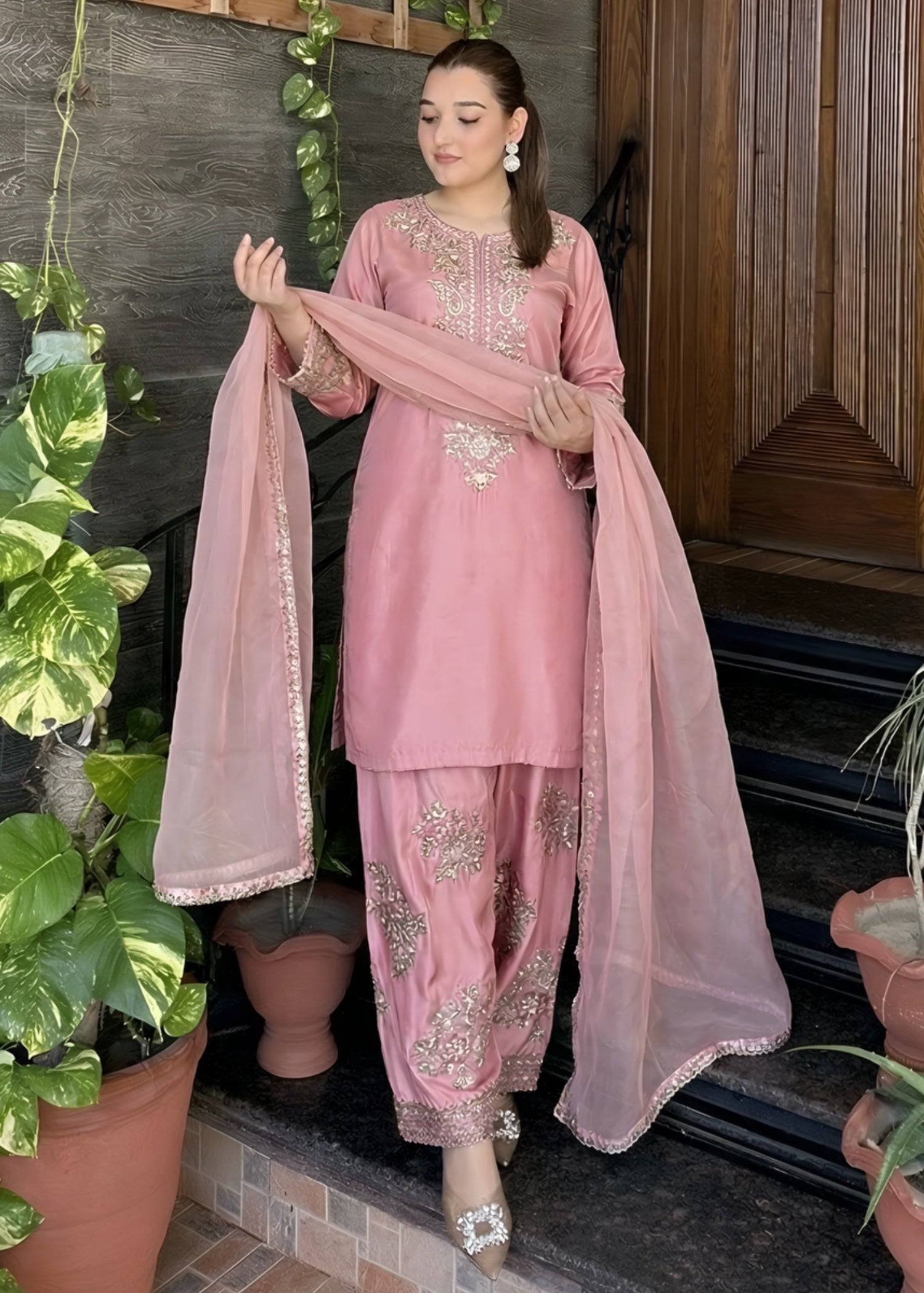 silk Kurta Set in Indian pink