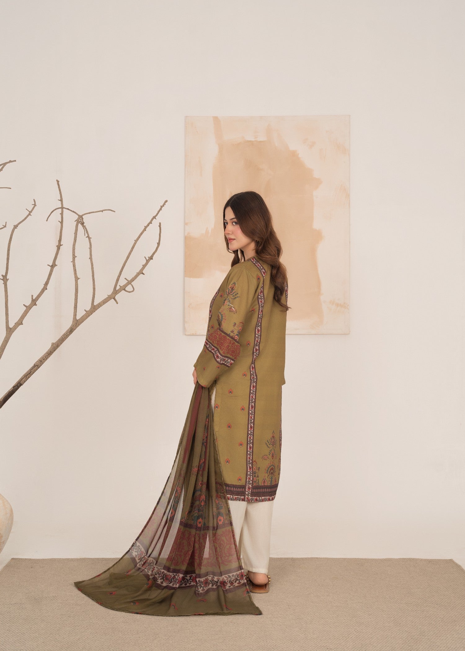 poly lawn Kurta Set in Olive green