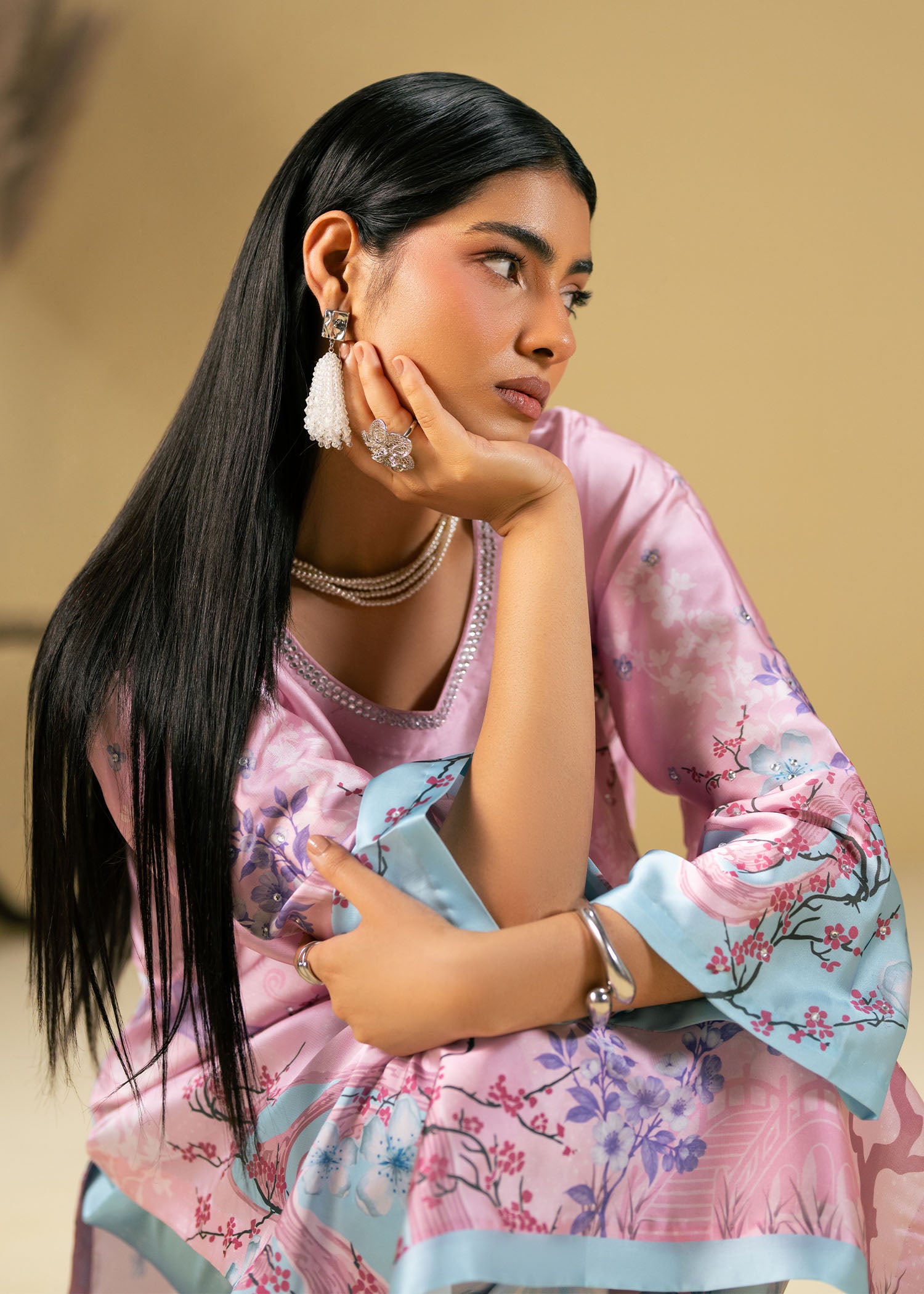 silk charmeuse Kurta Set in Pink