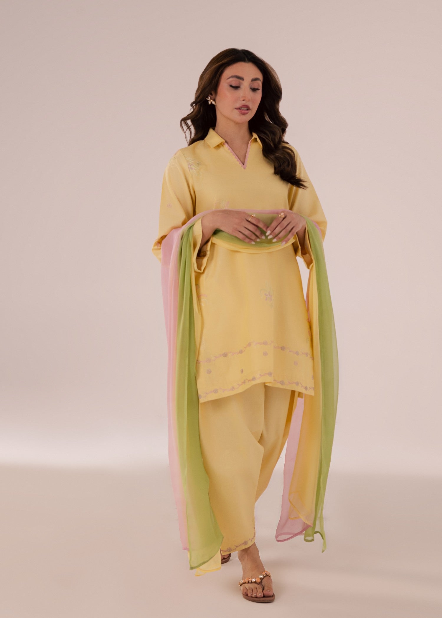 ribbed lawn Kurta Set in Yellow
