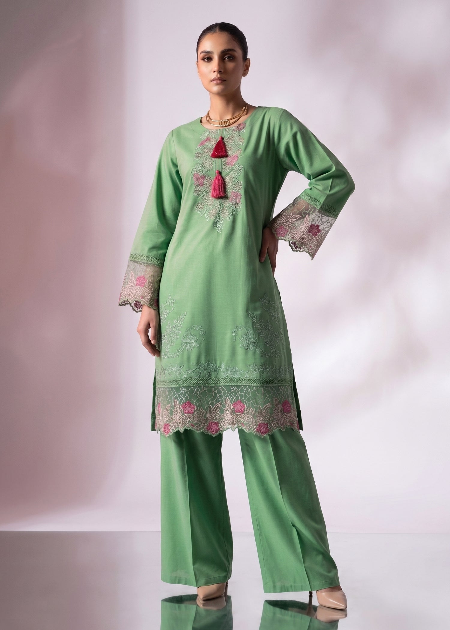 cotton Kurta Set in Moss green