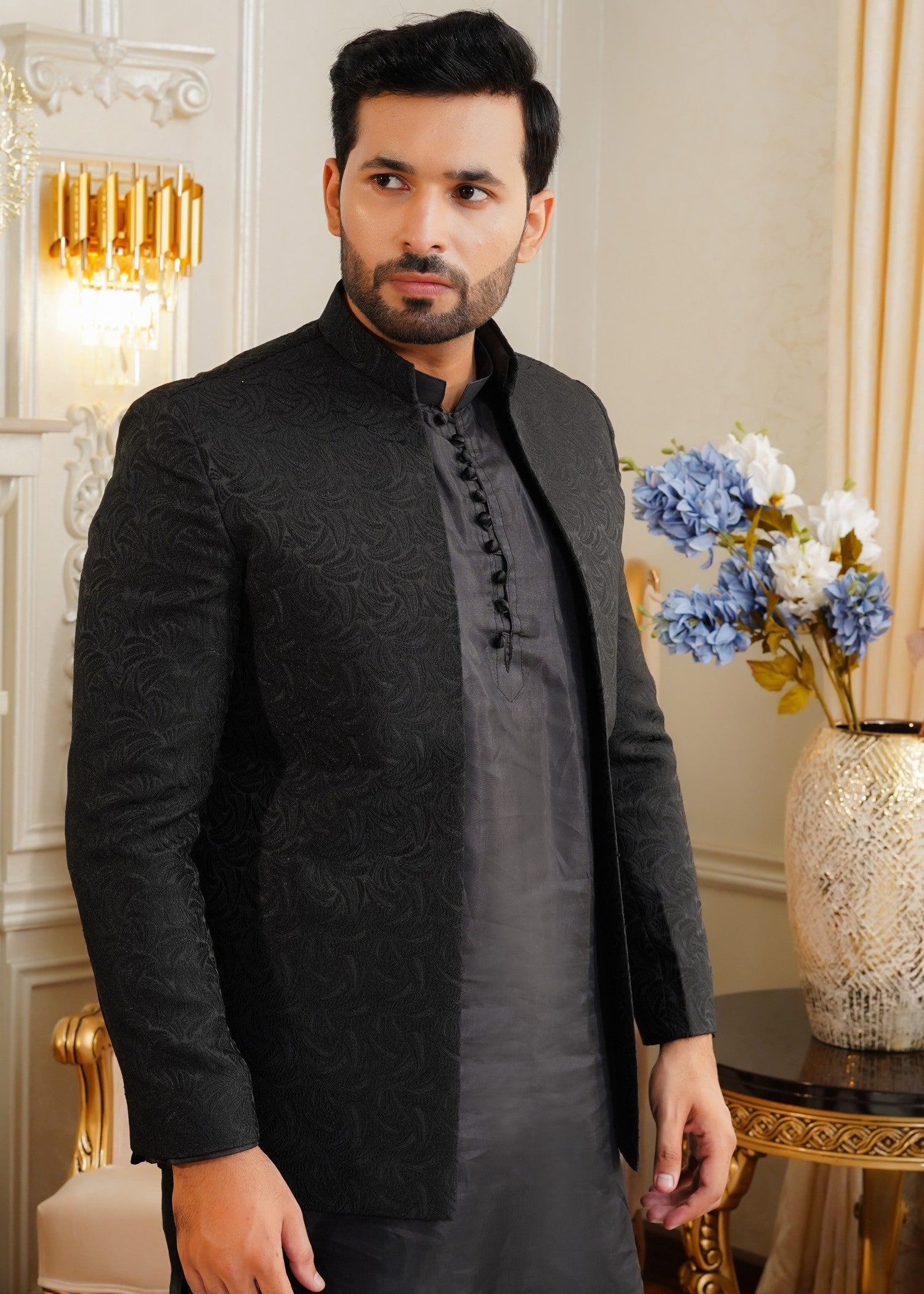 jamawar Prince Coat in Black by Azlan Shahzad
