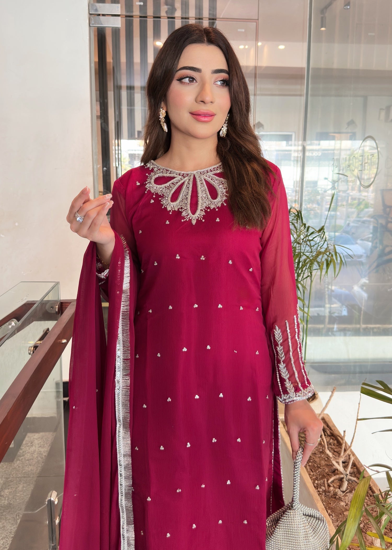 chiffon Kurta Set in Magenta haze