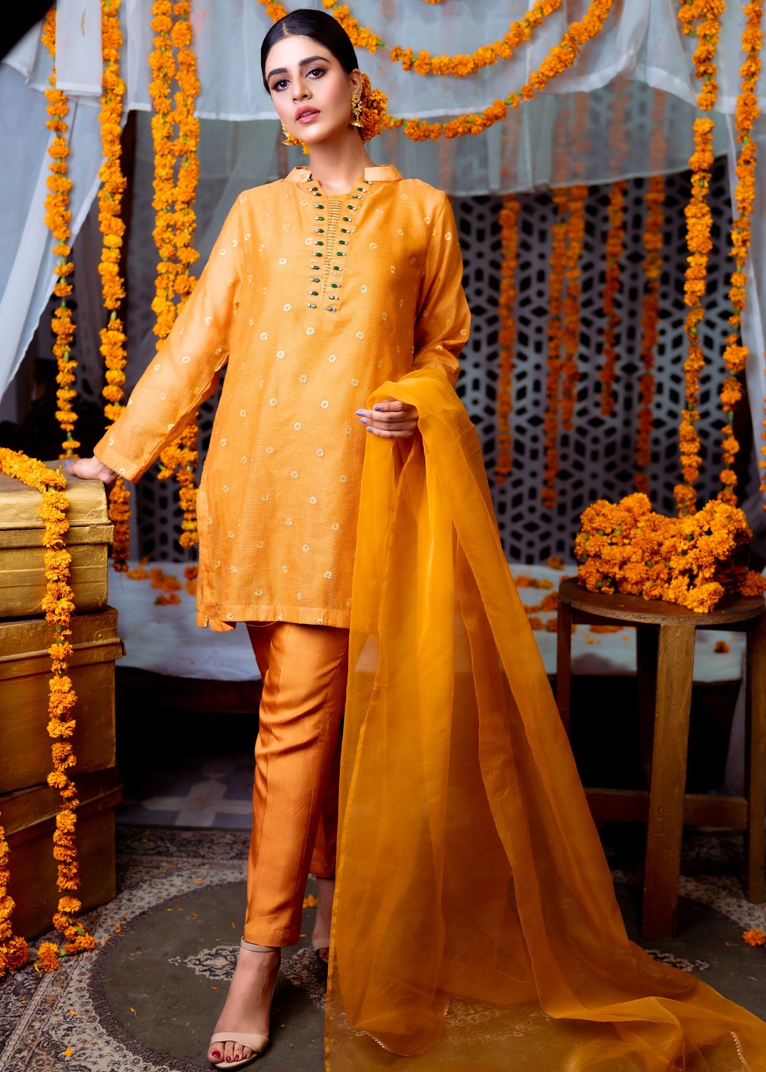 khaddi net Kurta Set in Pumpkin orange