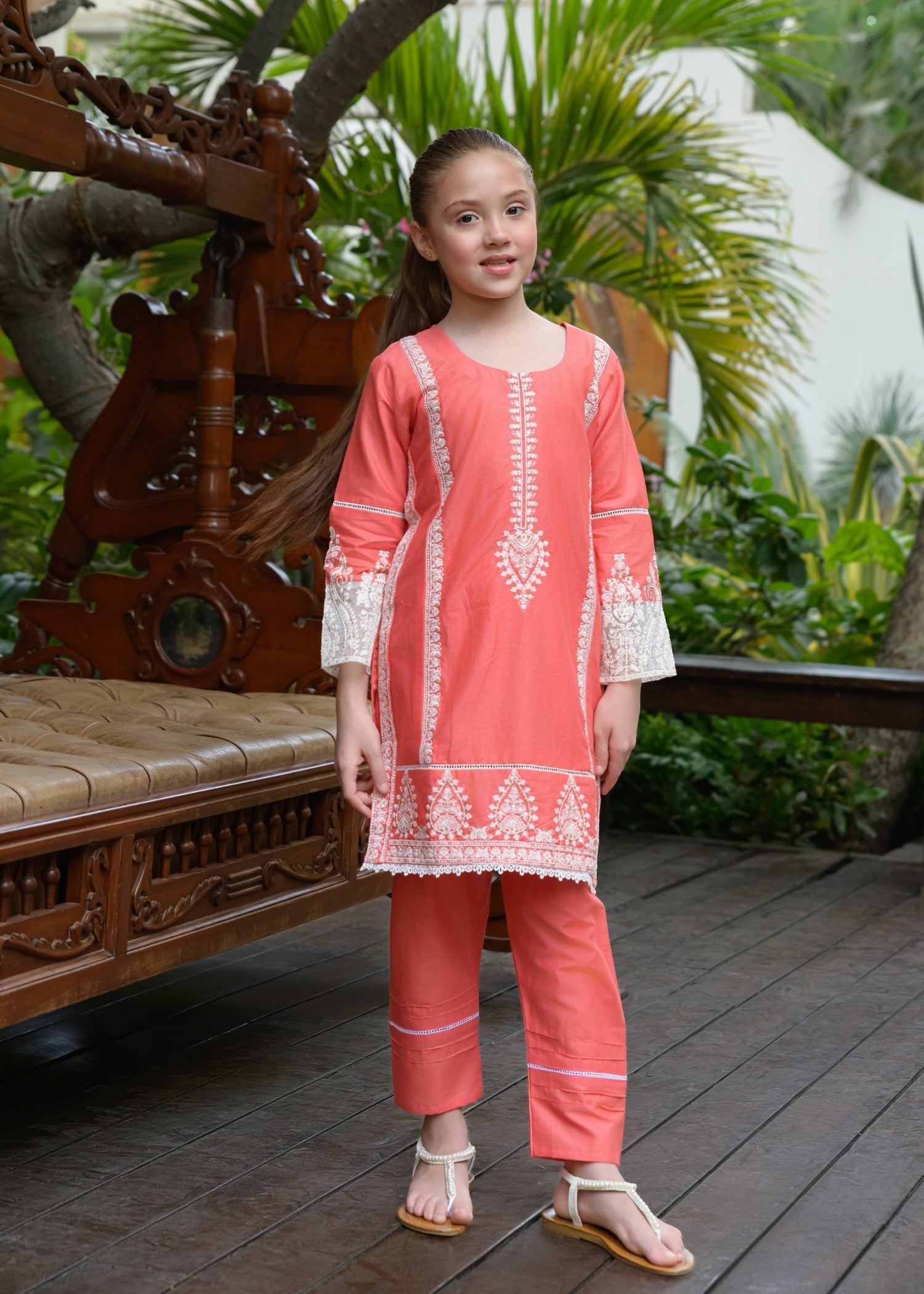 lawn Kurta Set in Coral pink