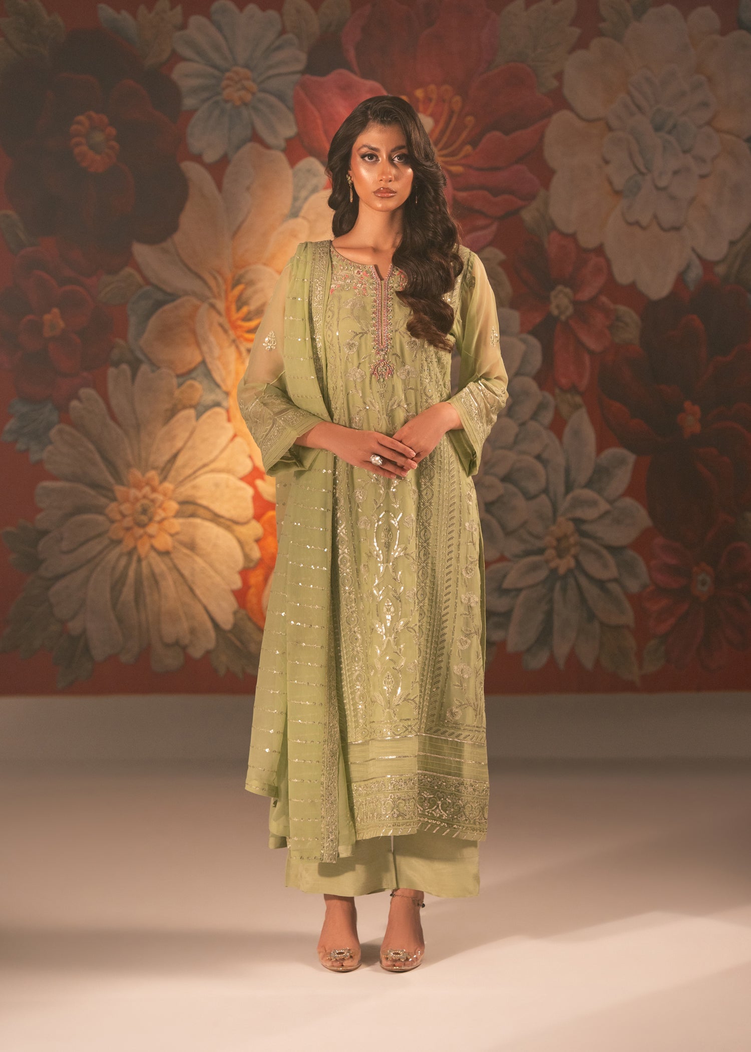 chiffon Unstitched in Pistachio green