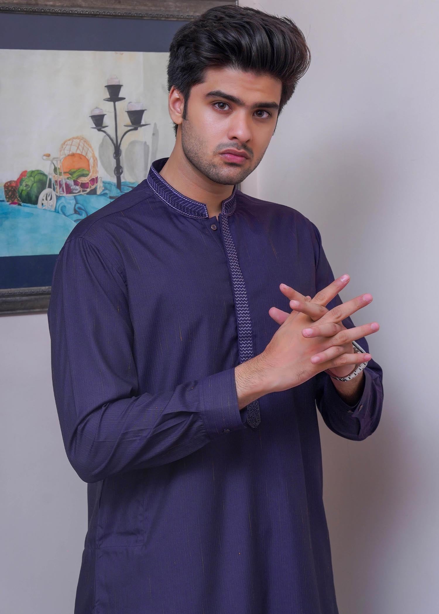 textured wash & wear Shalwar Kameez in Purple