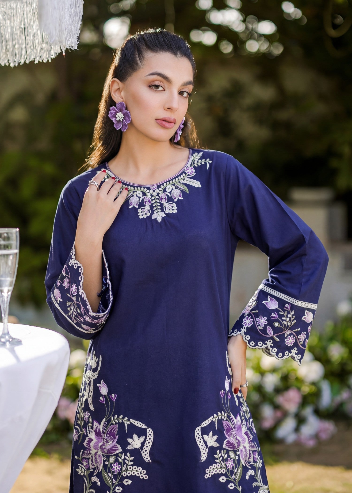 lawn Kurta Set in Navy blue