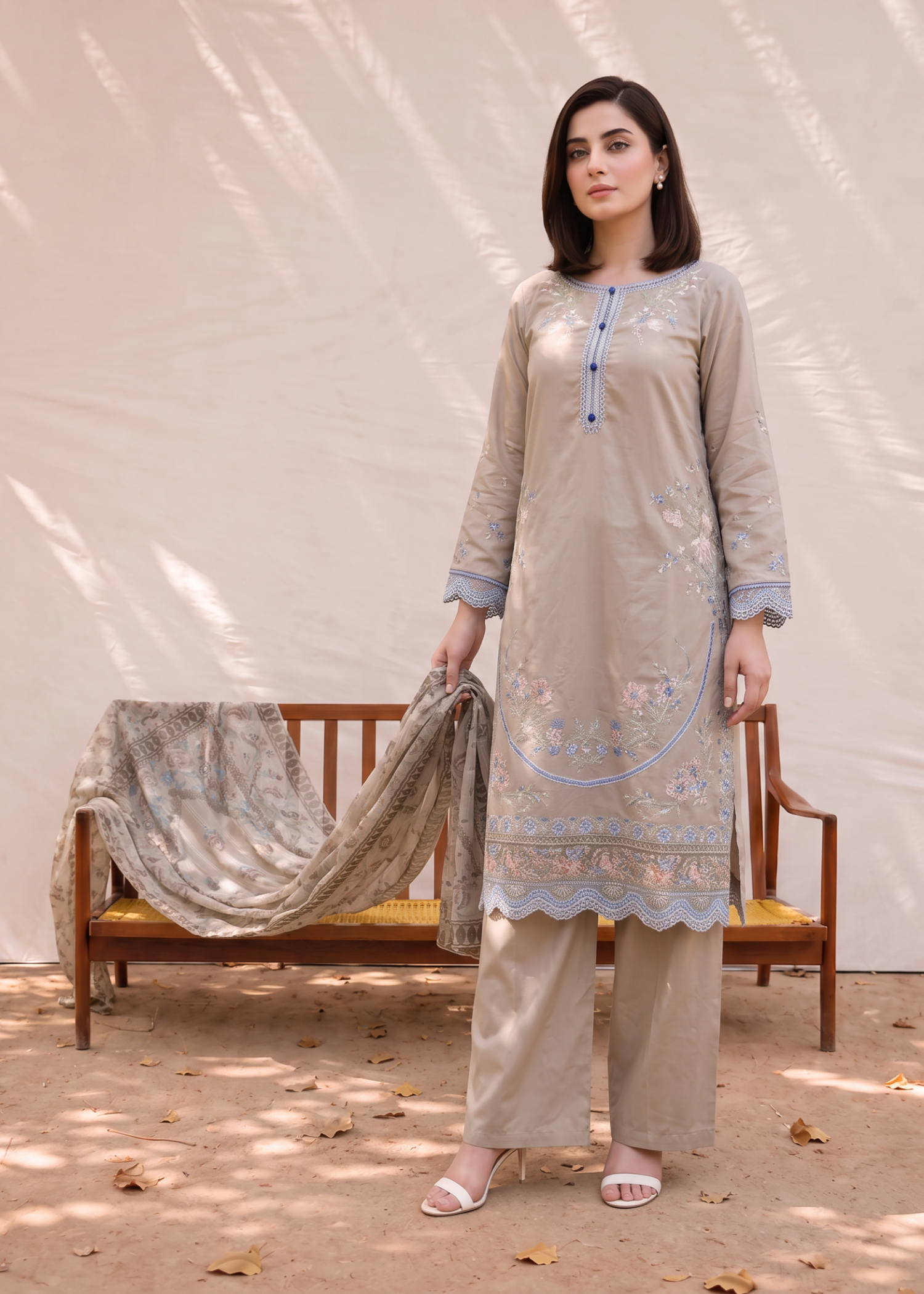 khaddi net Kurta Set in Beige