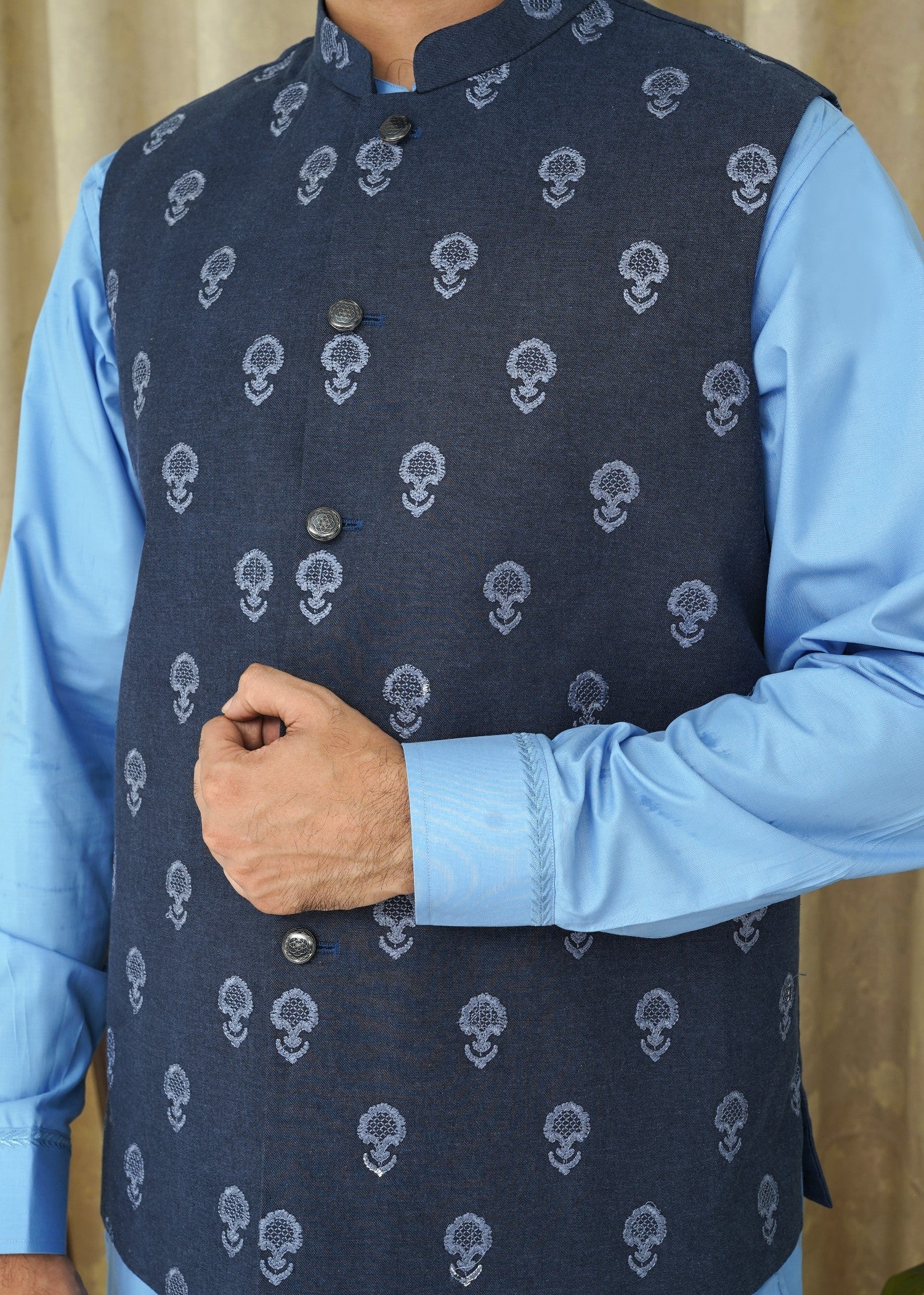 tropical Waistcoat in Navy blue by Maqsood Garments