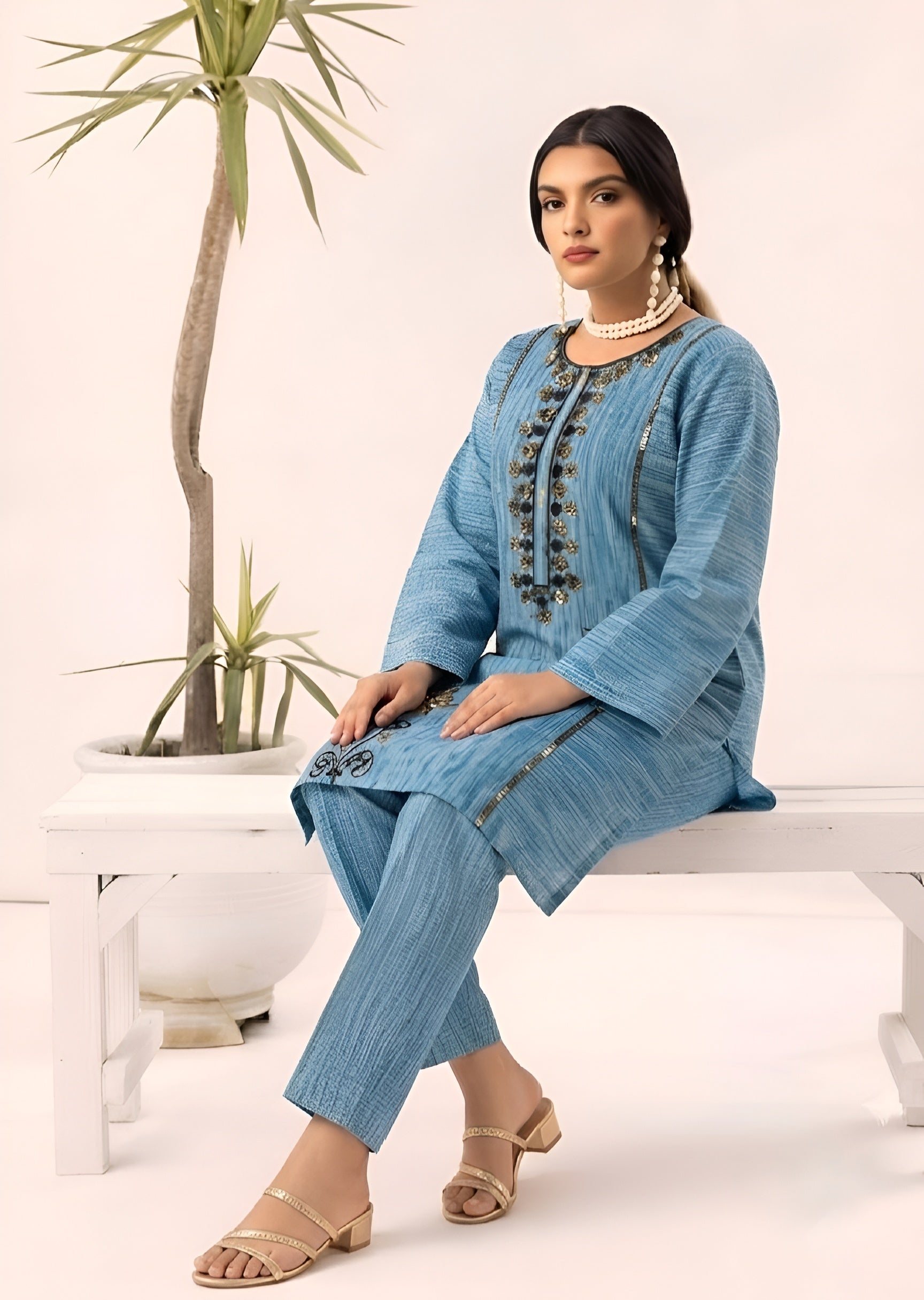 linen Kurta Set in Cornflower blue