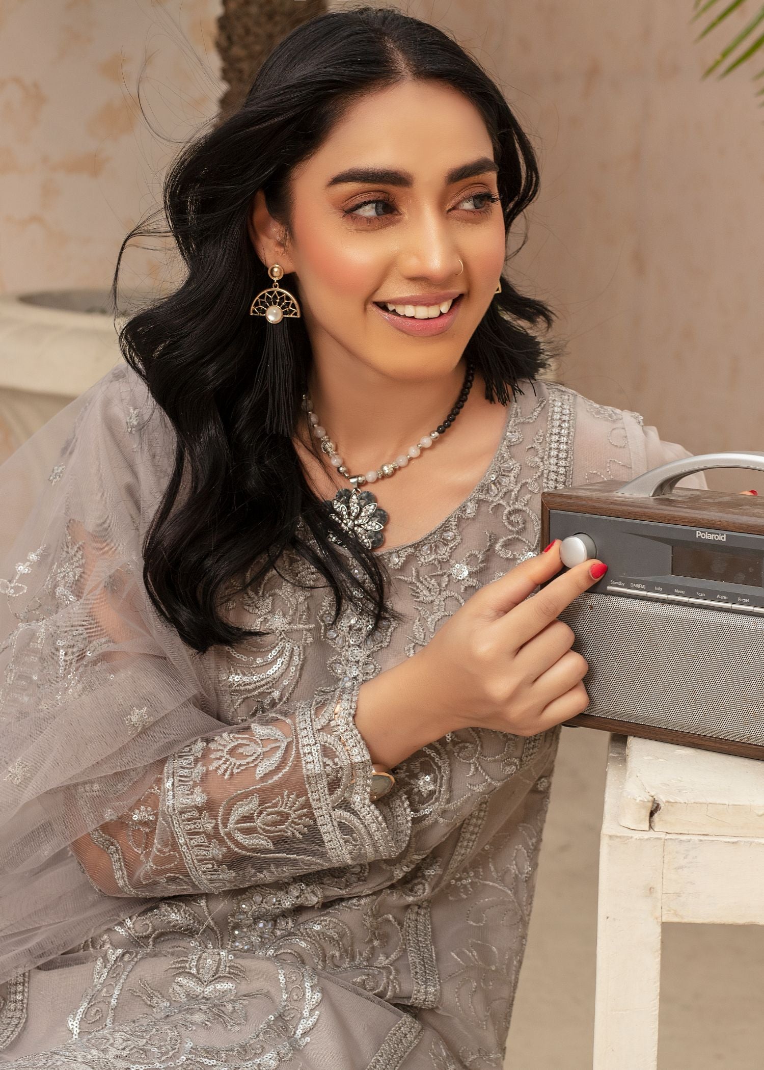 net Kurta Set in Silver