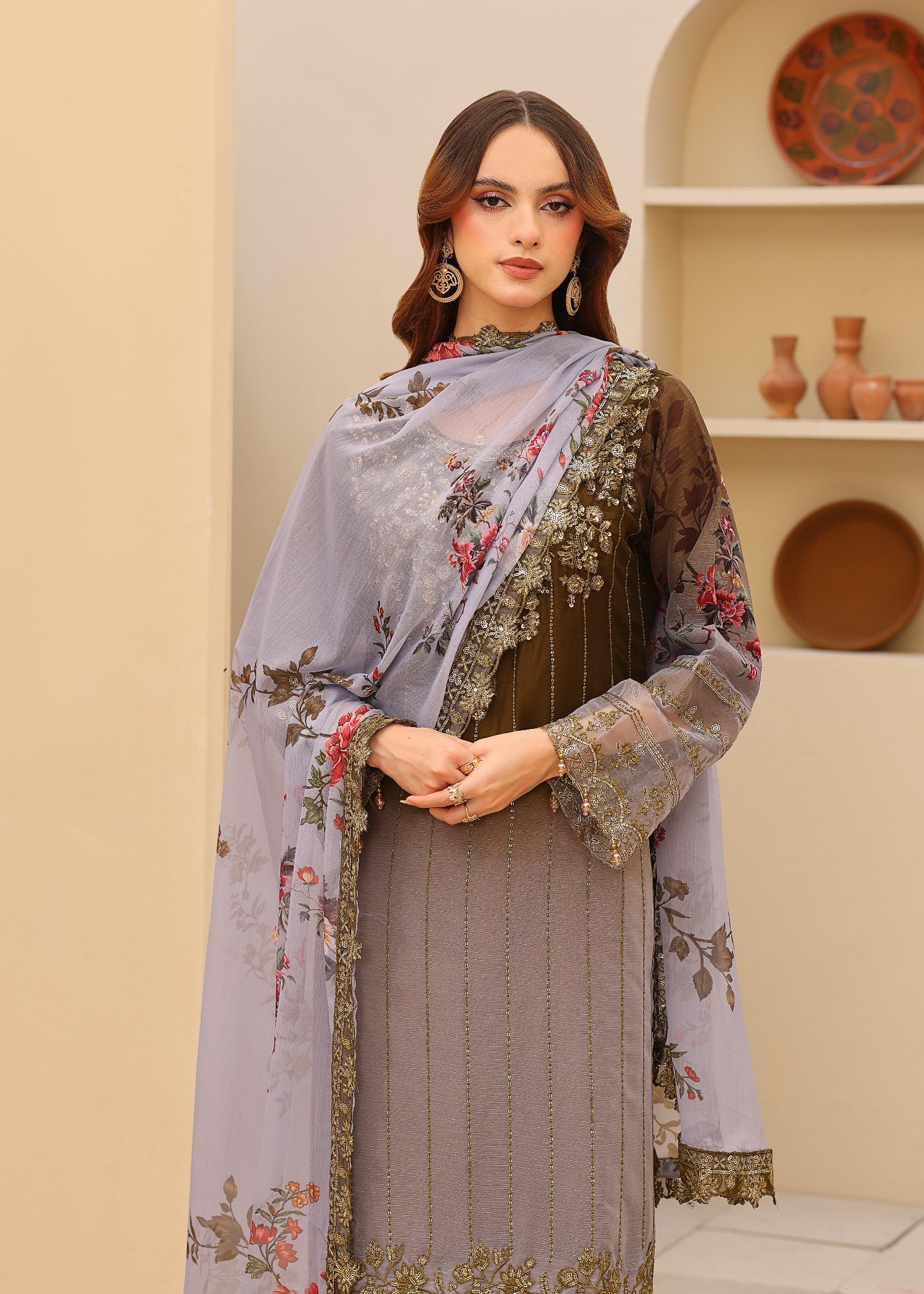 chiffon Kurta Set in Dark brown, grey