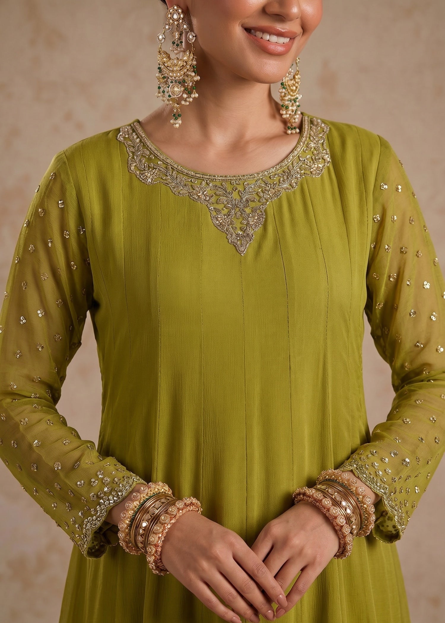 chiffon Pishwas in Apple green