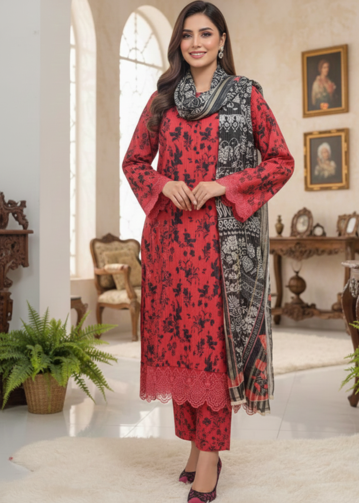 lawn Kurta Set in Spicy red