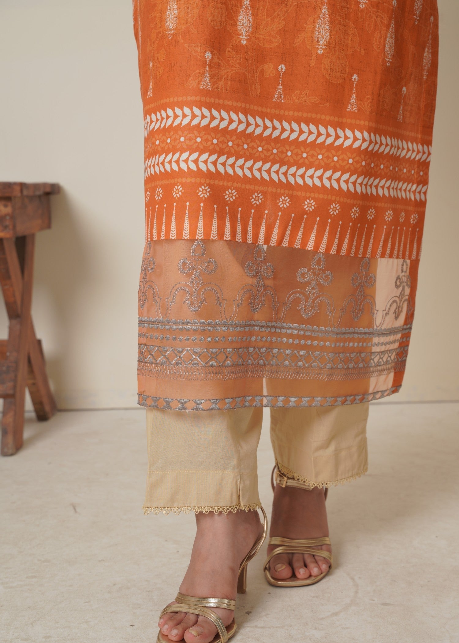 cambric Kurta Set in Mandarin orange