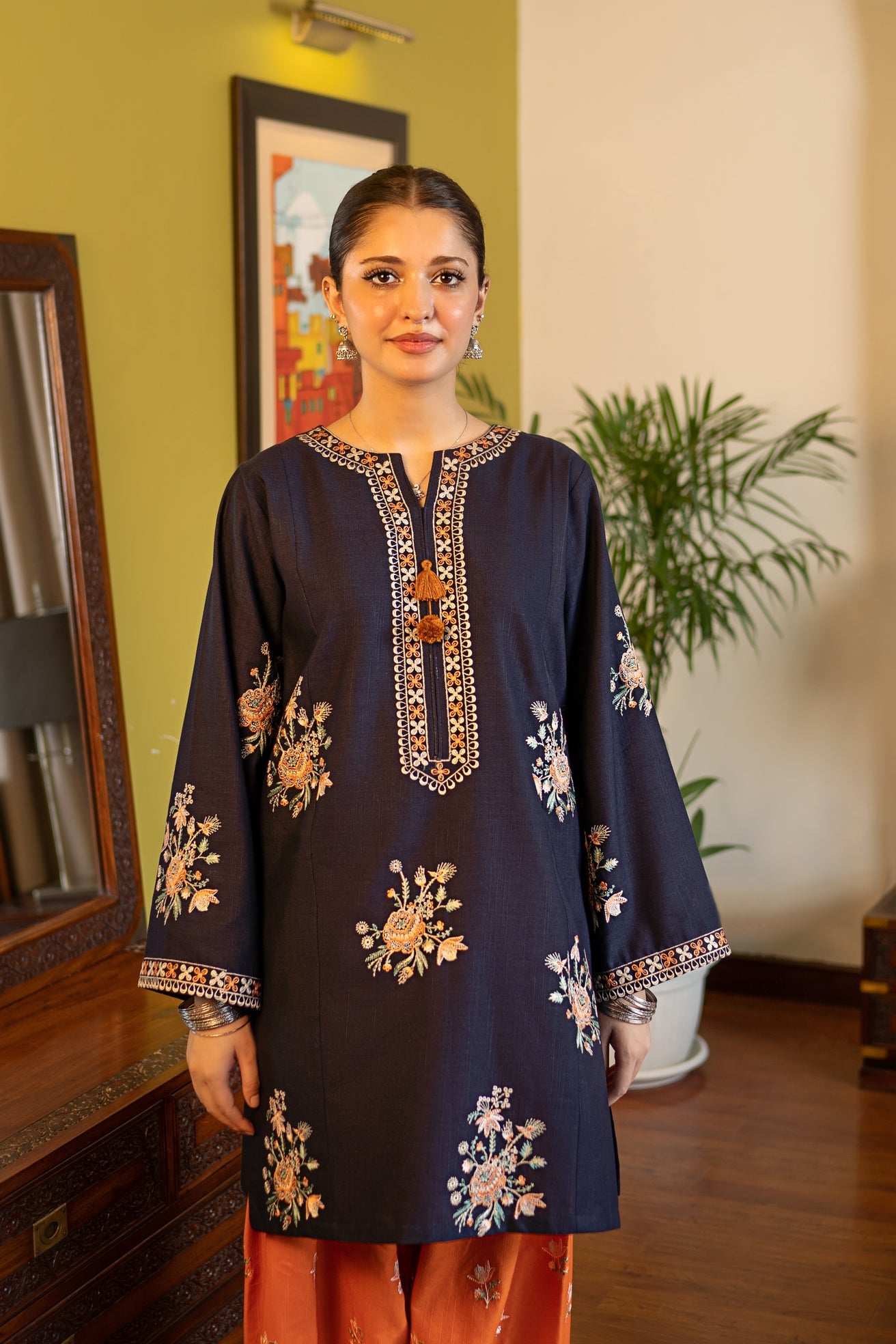 slub khaddar Kurta Set in Sunset orange, aegean blue