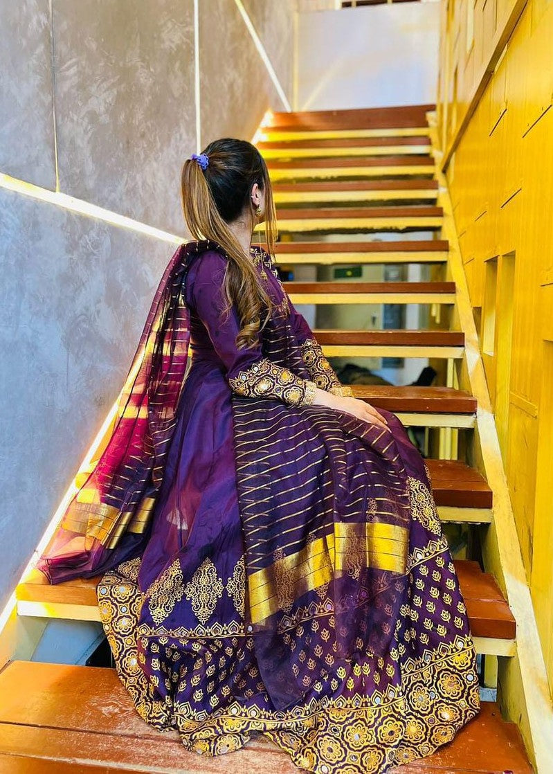 cotton satin Anarkali in Purple