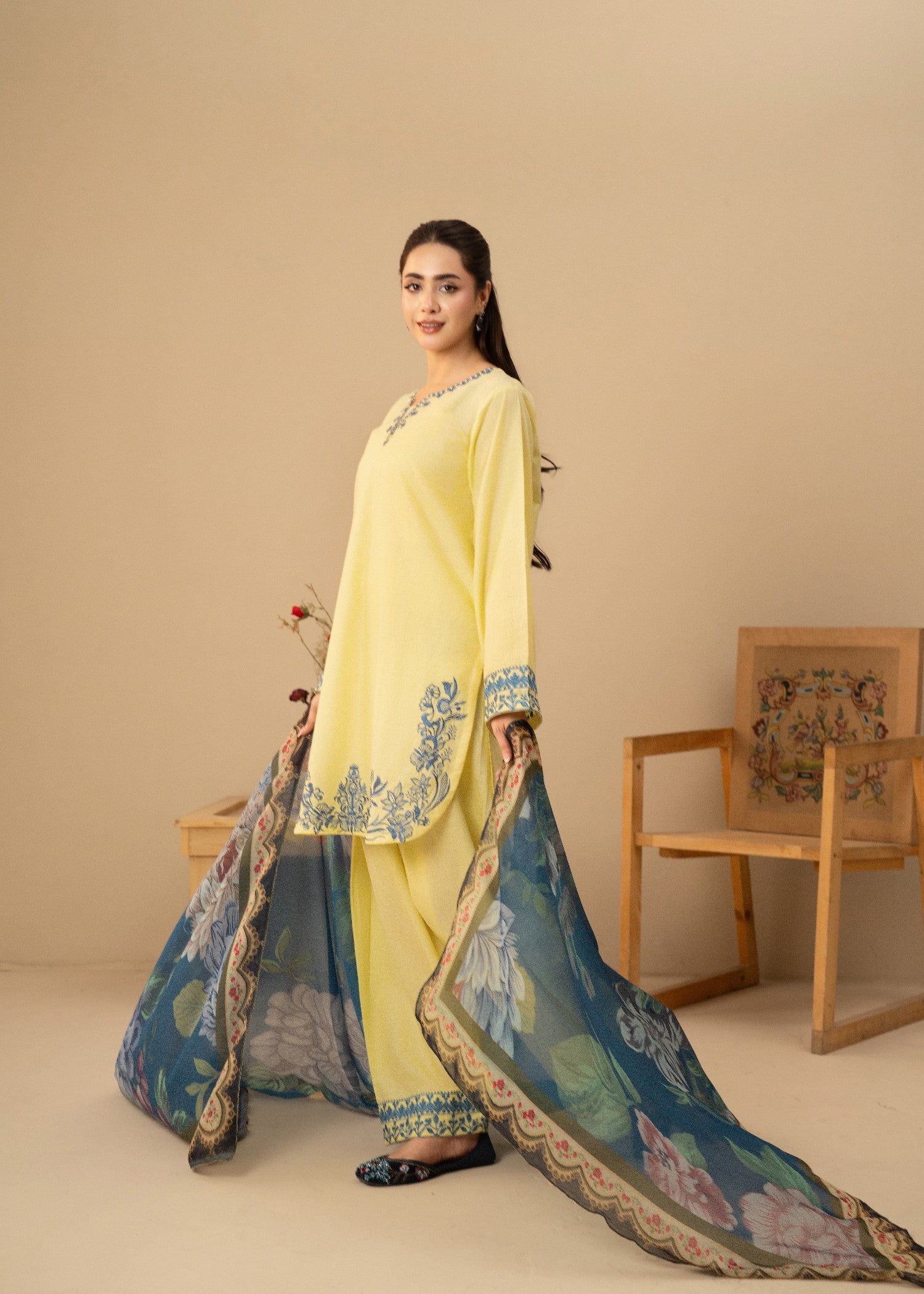 lawn cotton Kurta Set in Yellow, butter