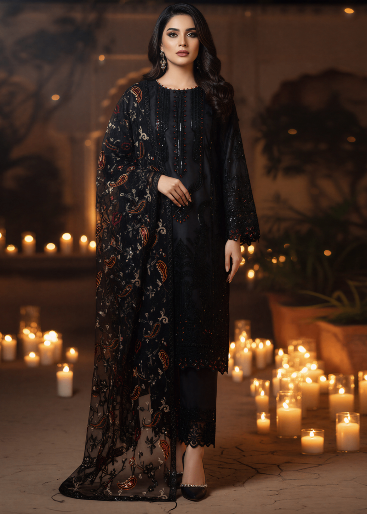 net Kurta Set in Black