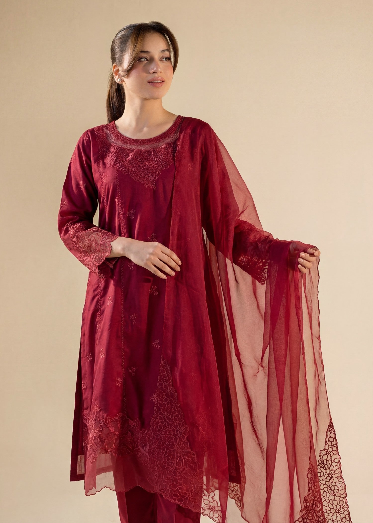 cotton Kurta Set in Maroon, brick red