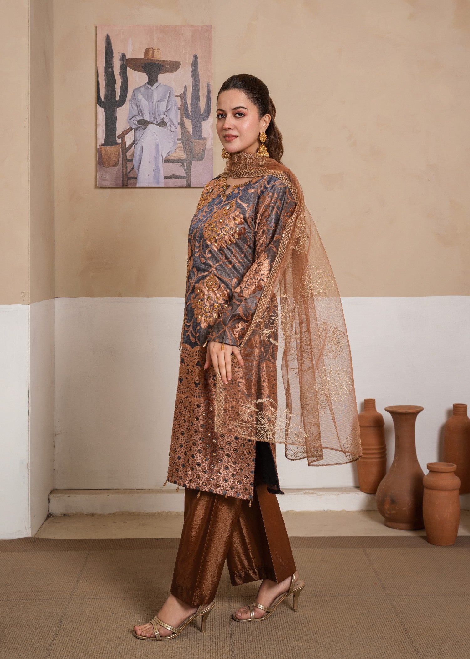 chinese micro velvet 3000 Kurta Set in Hazelwood brown