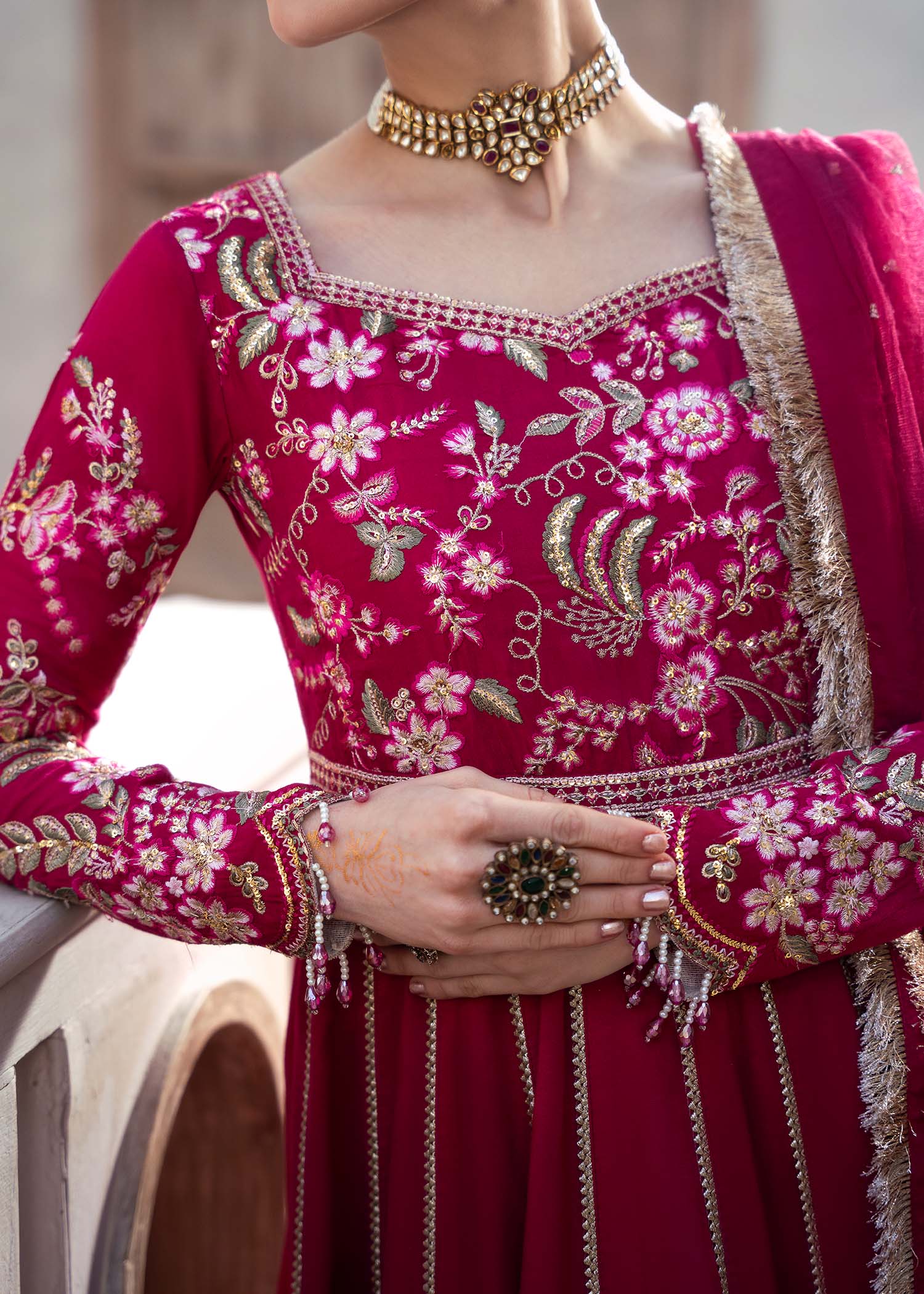 raw silk Pishwas in Shocking pink