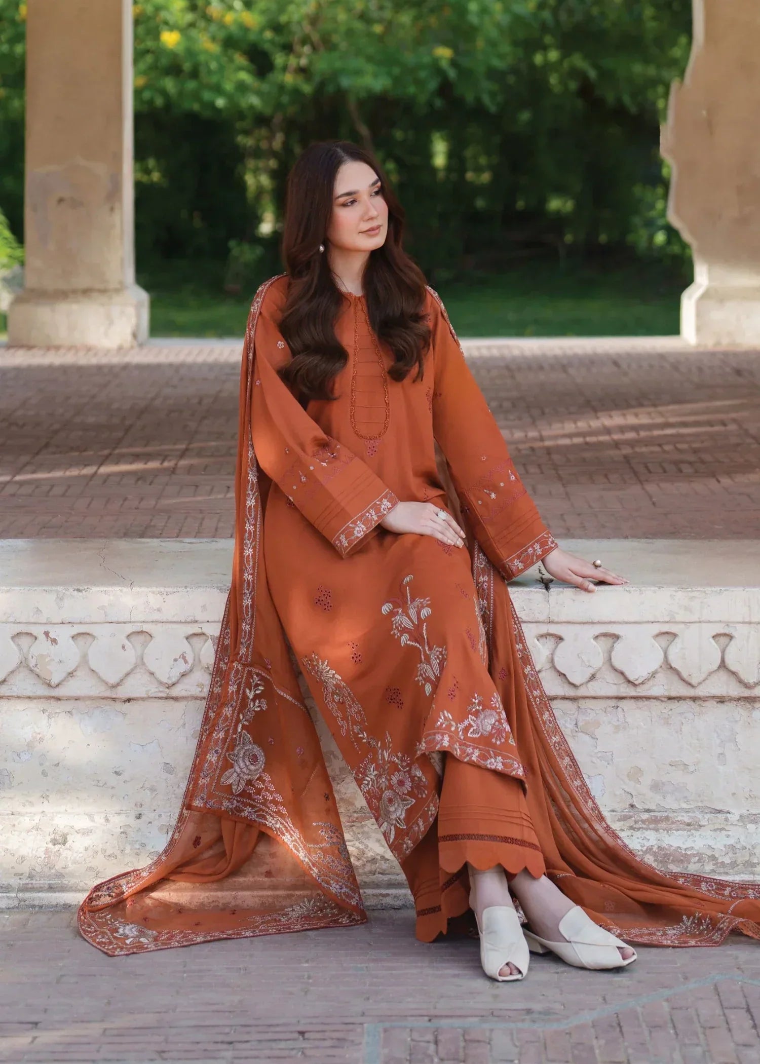 karandi Kurta Set in Coral orange