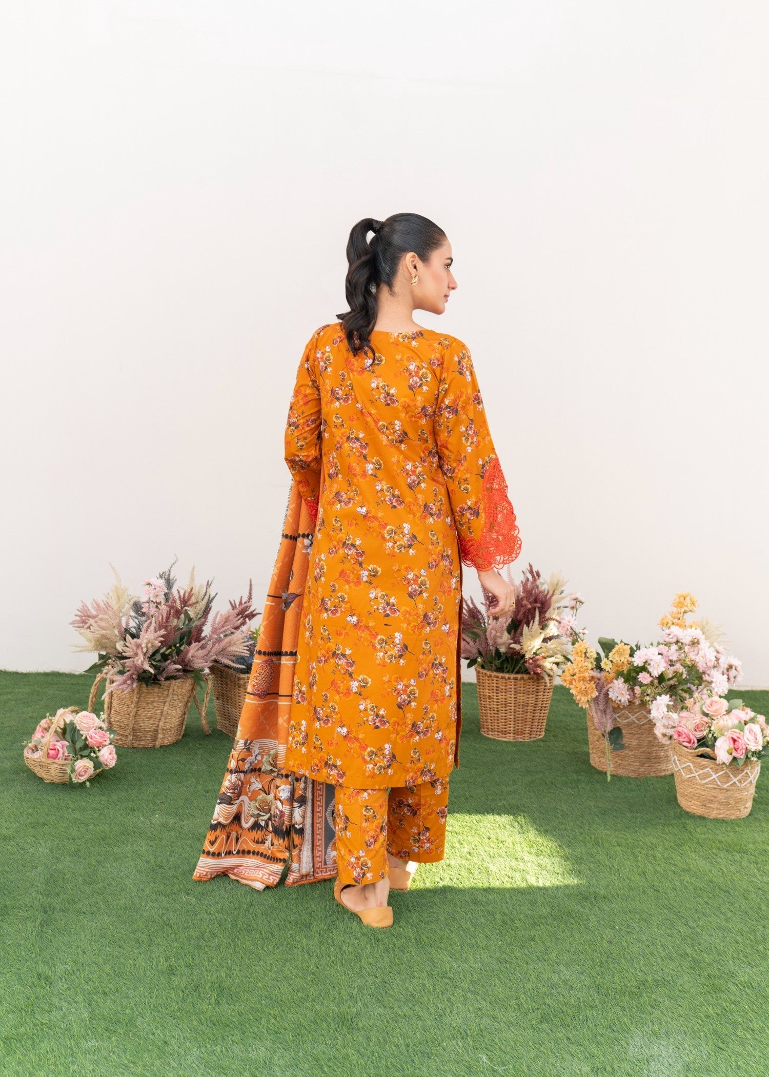 cambric Kurta Set in Orange