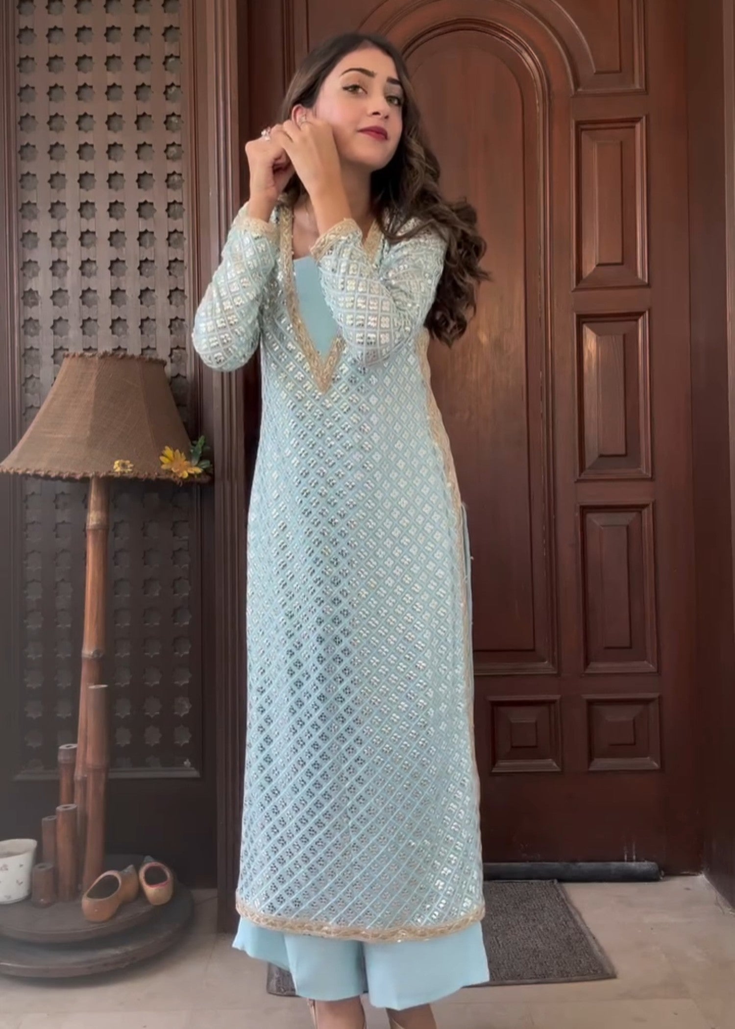 bemberg crinkle chiffon Kurta Set in Ice blue