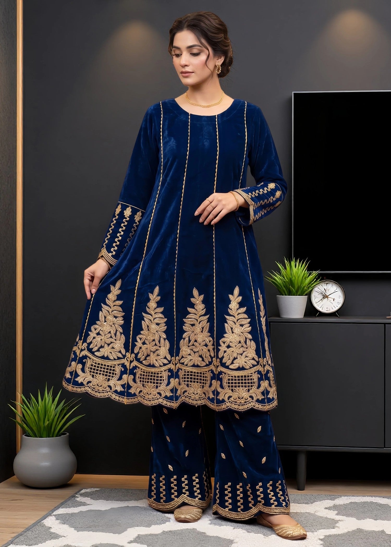 velvet Pishwas in Navy blue