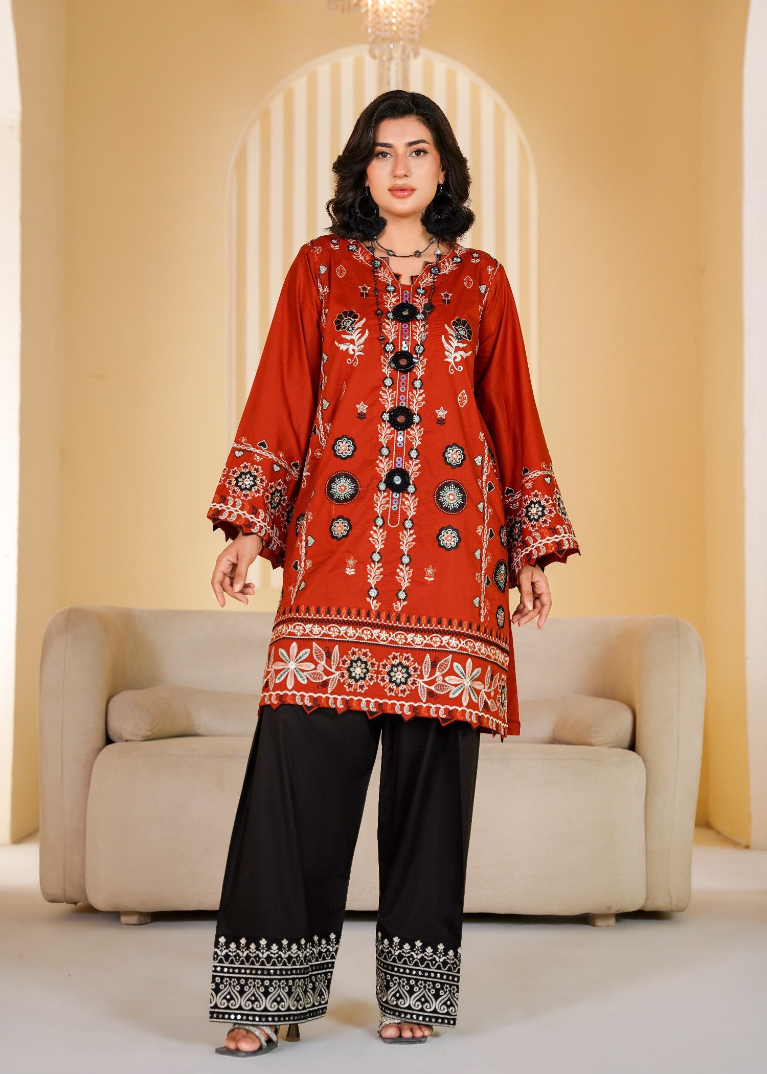 lawn cotton Kurta Set in Rust orange