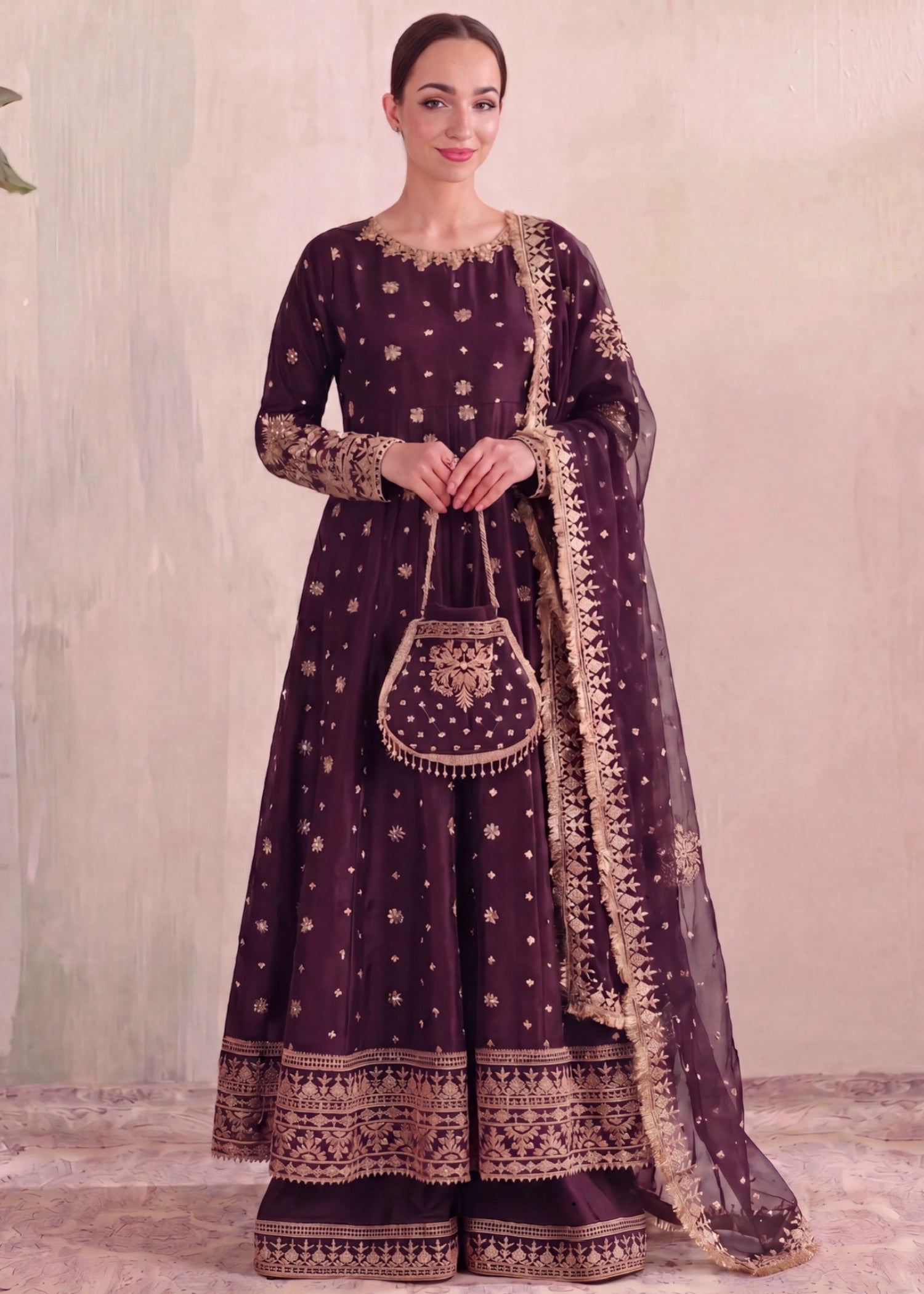 silk Pishwas in Plum purple