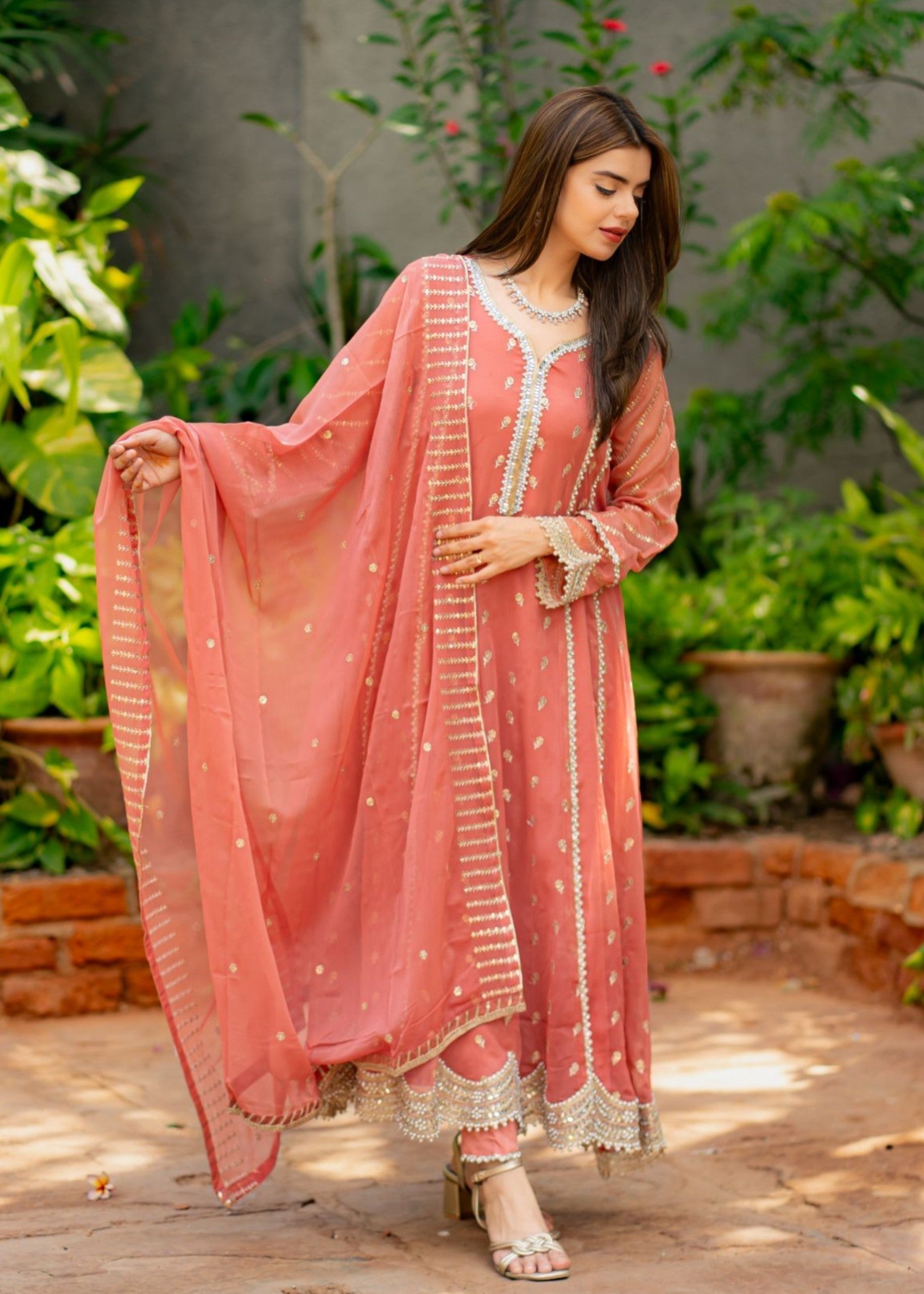 chiffon Pishwas in Peach pink