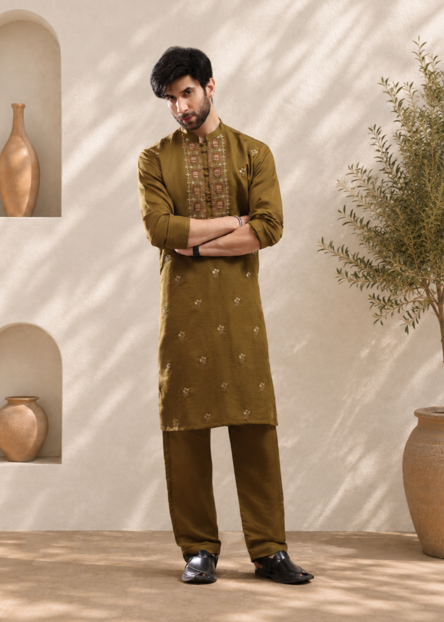 raw silk Waistcoat in Olive green by The Great Masters (TGM)