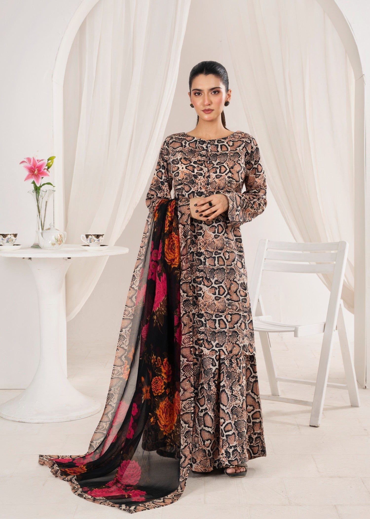 lawn Sharara in Tan brown