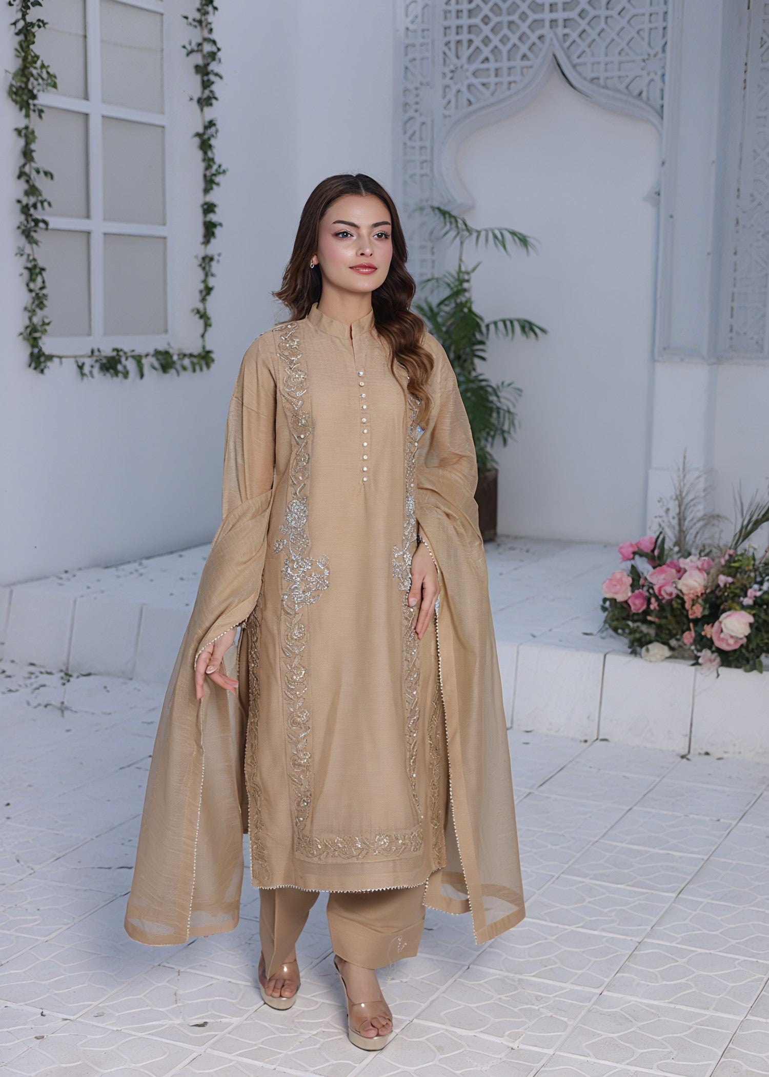 organza net Kurta Set in Tan brown