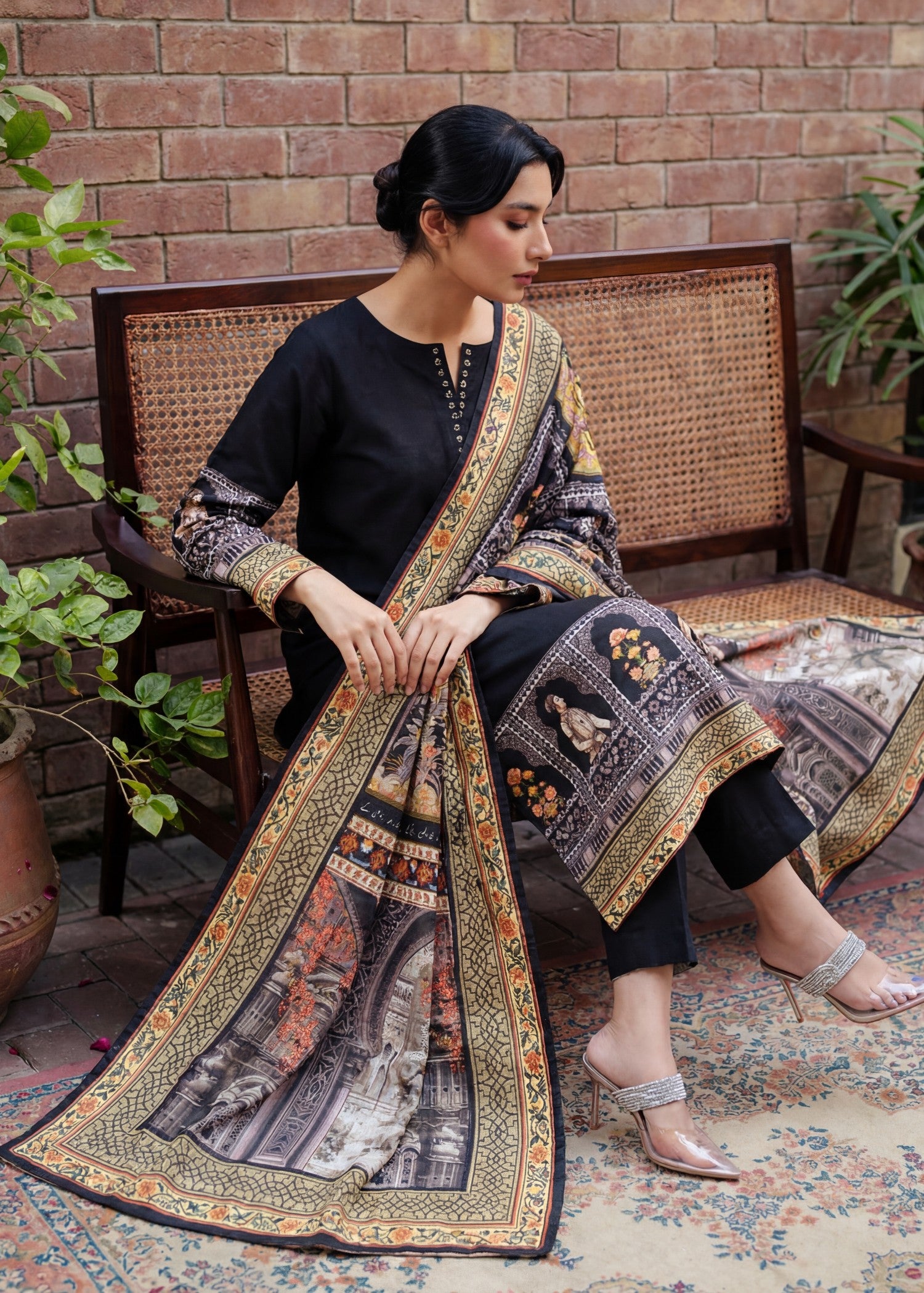 textured lawn Kurta Set in Black