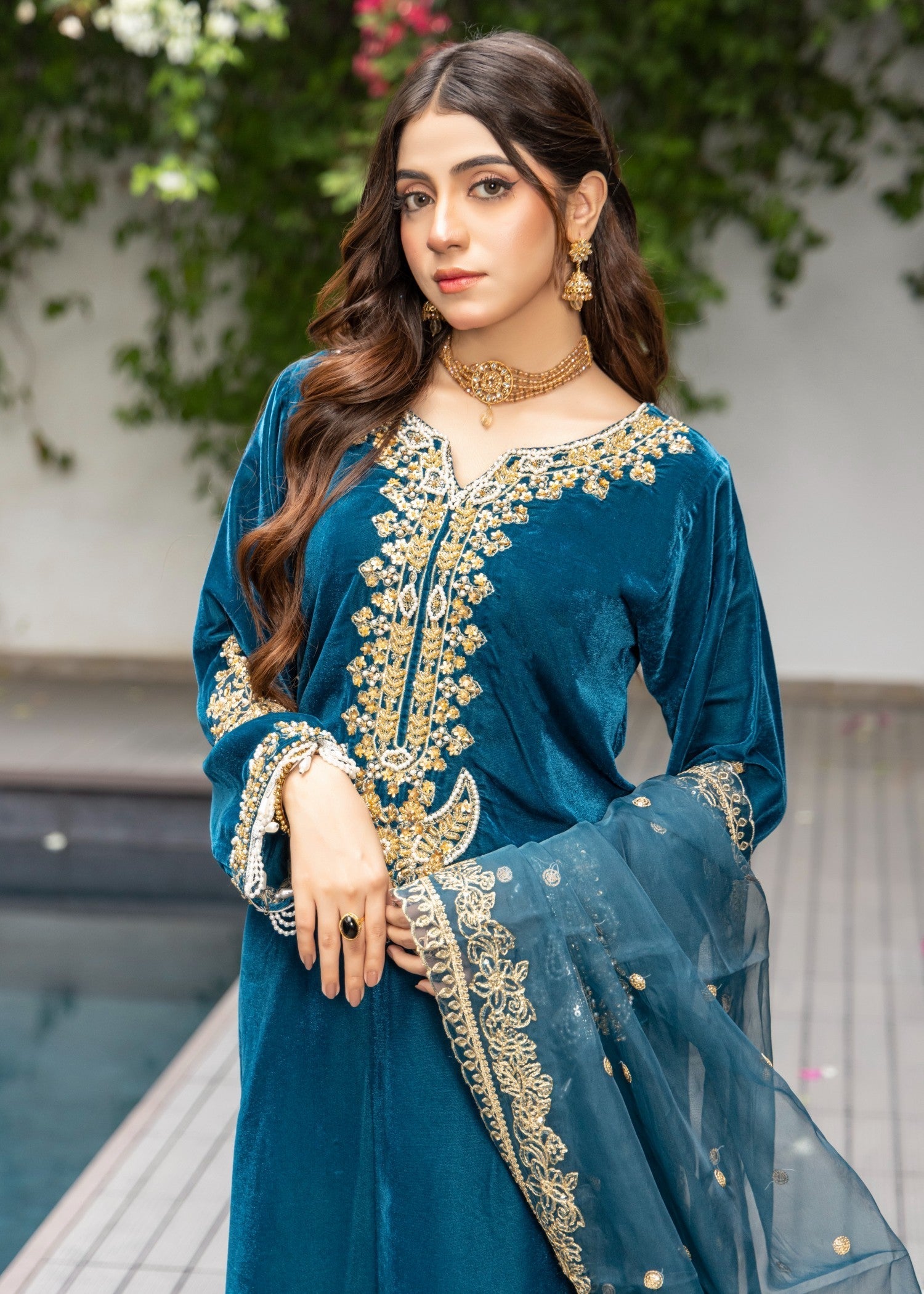 velvet Kurta Set in Teal