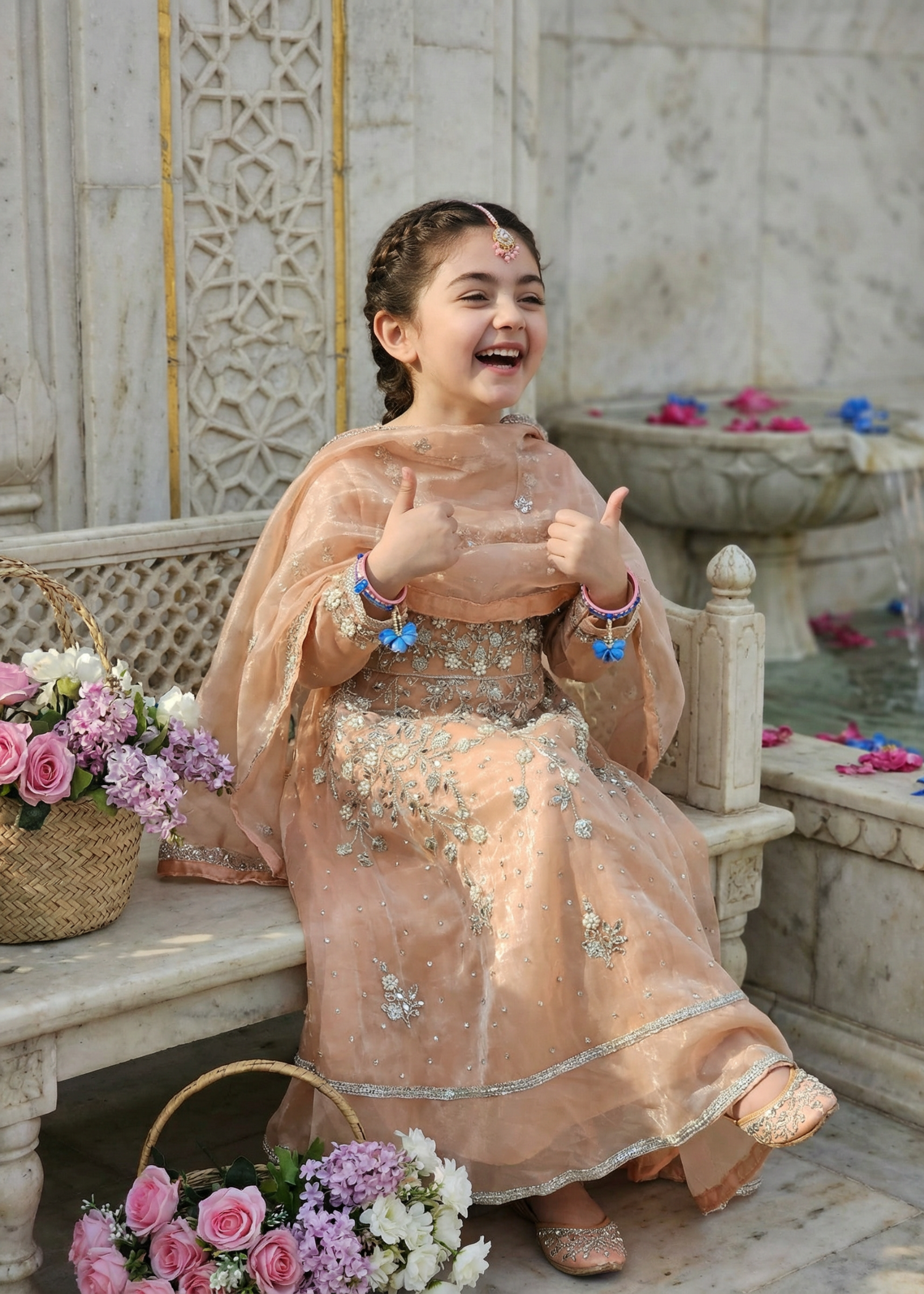 tissue silk Pishwas in Peach pink