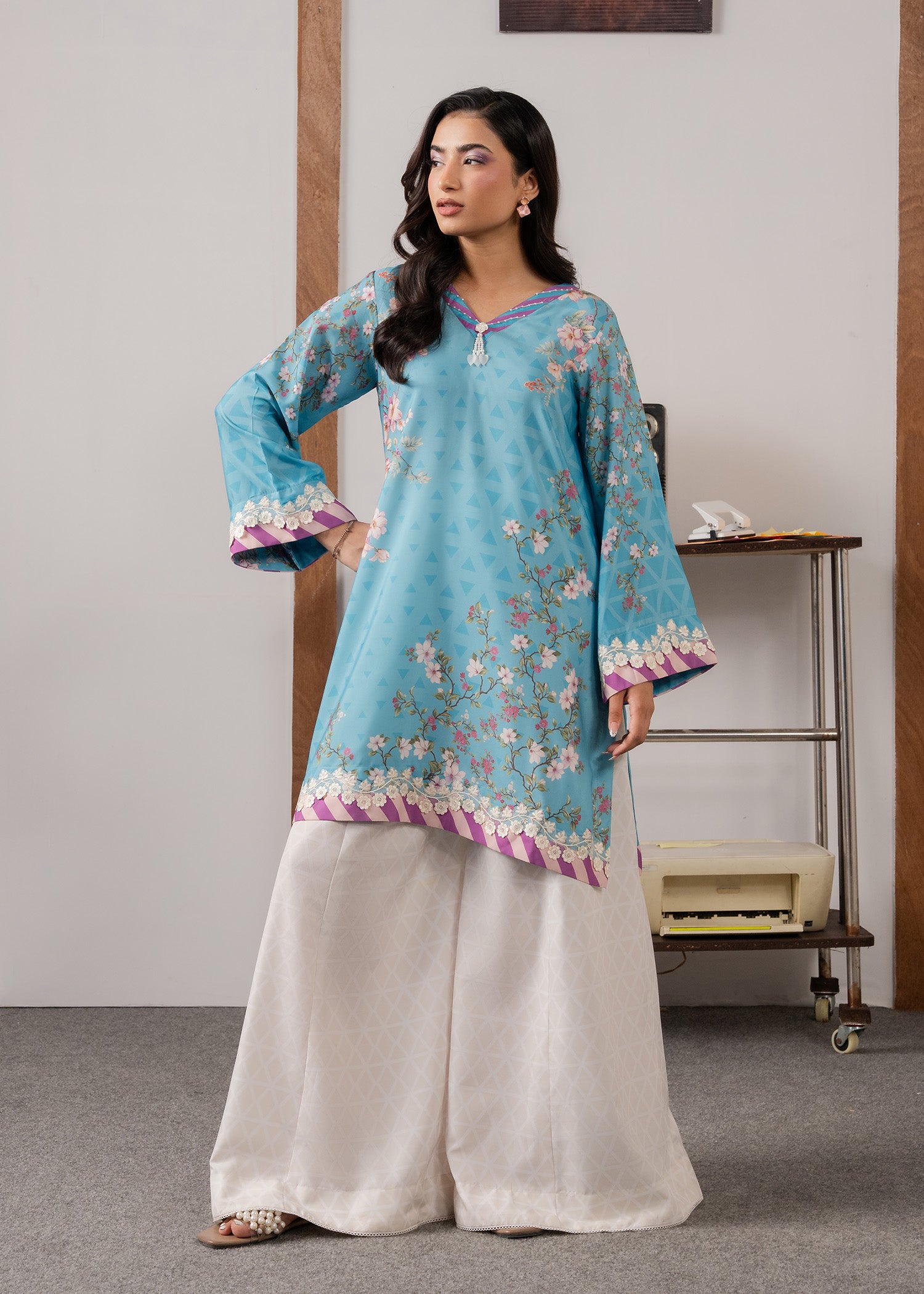 poly lawn Kurta Set in Sky blue