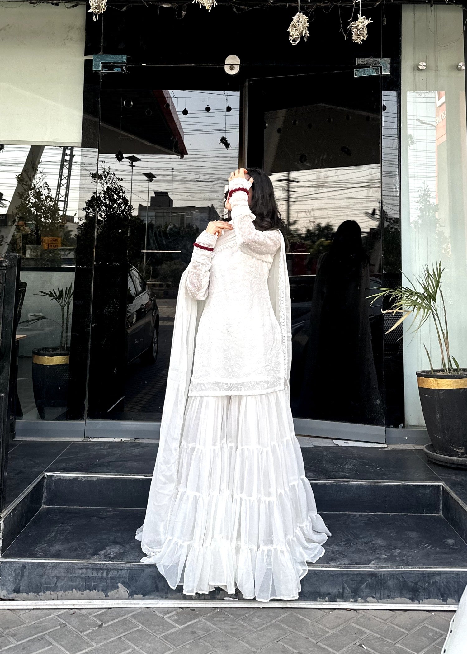 bemberg crinkle chiffon Gharara in Off-white