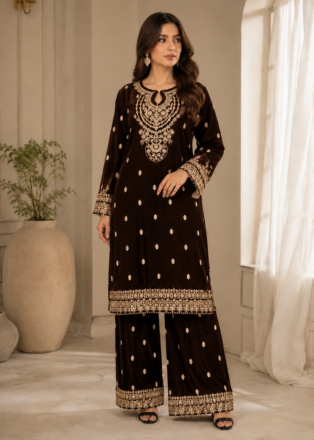 chinese micro velvet 9000 Kurta Set in Dark brown