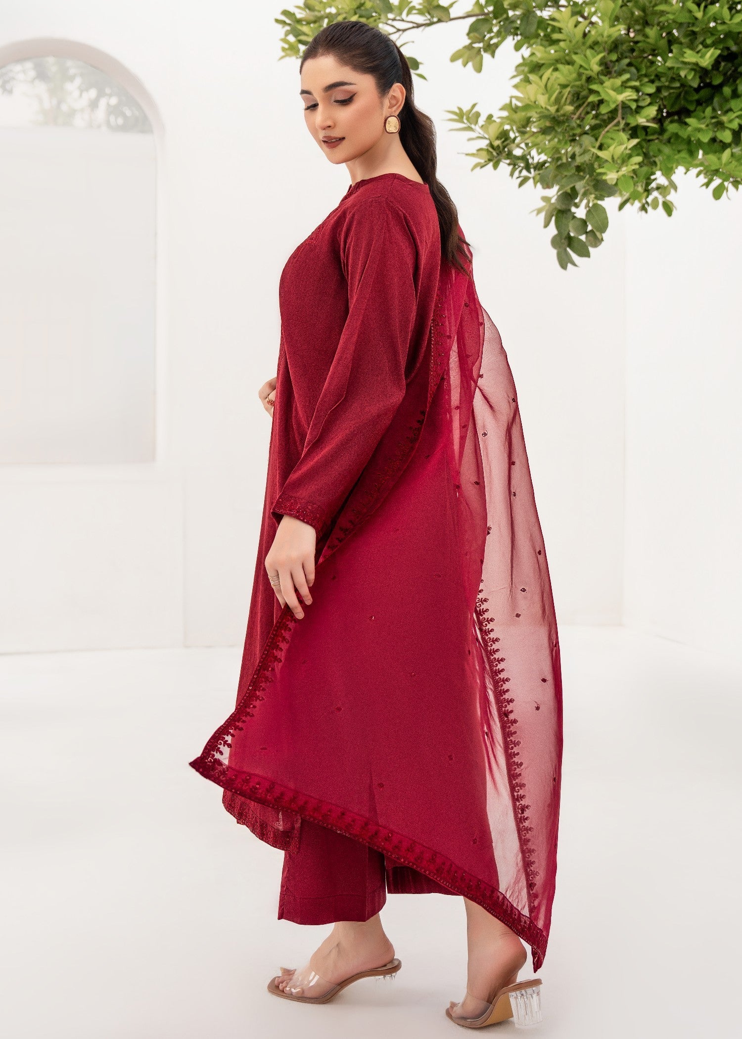 textured lawn Kurta Set in Maroon