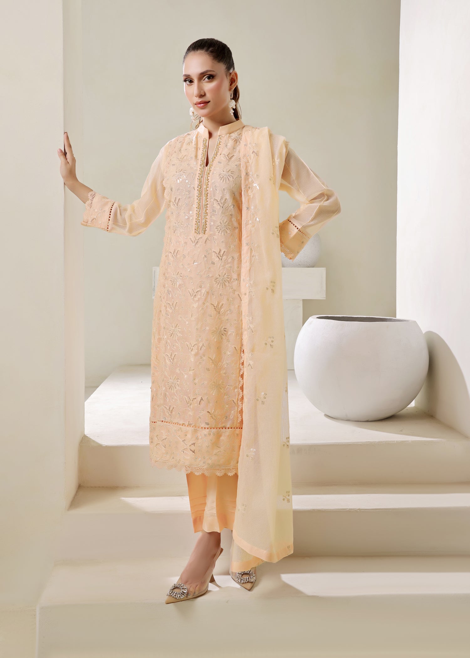 silk cotton net Kurta Set in Peach orange