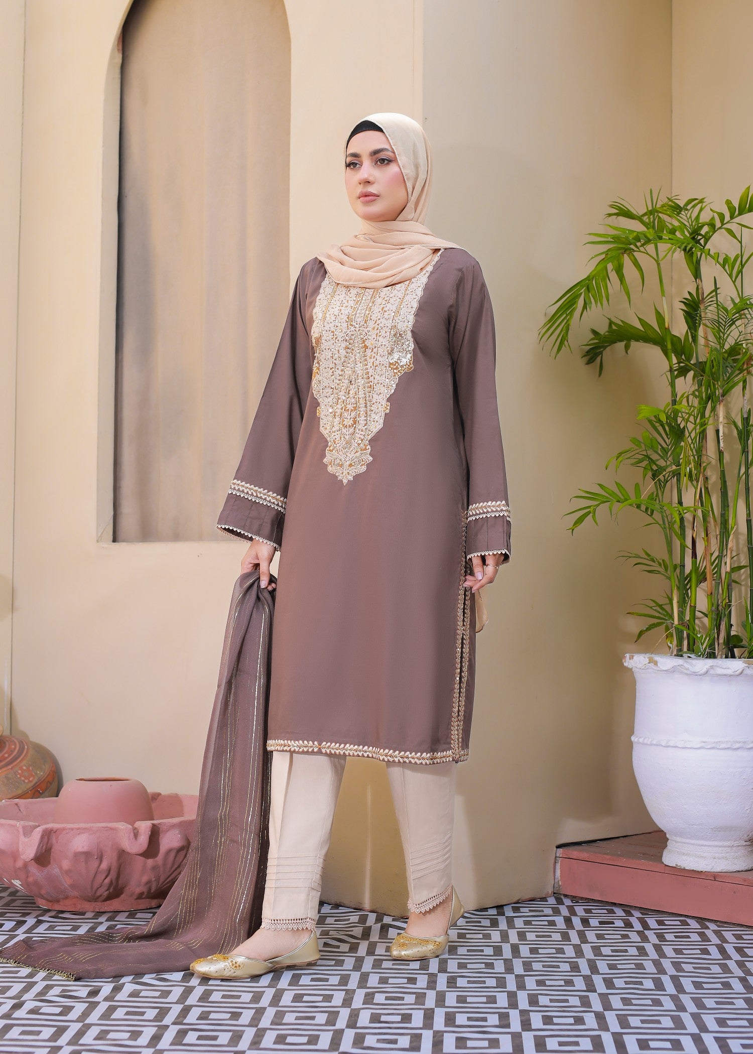 lawn cotton Kurta Set in Mocha brown