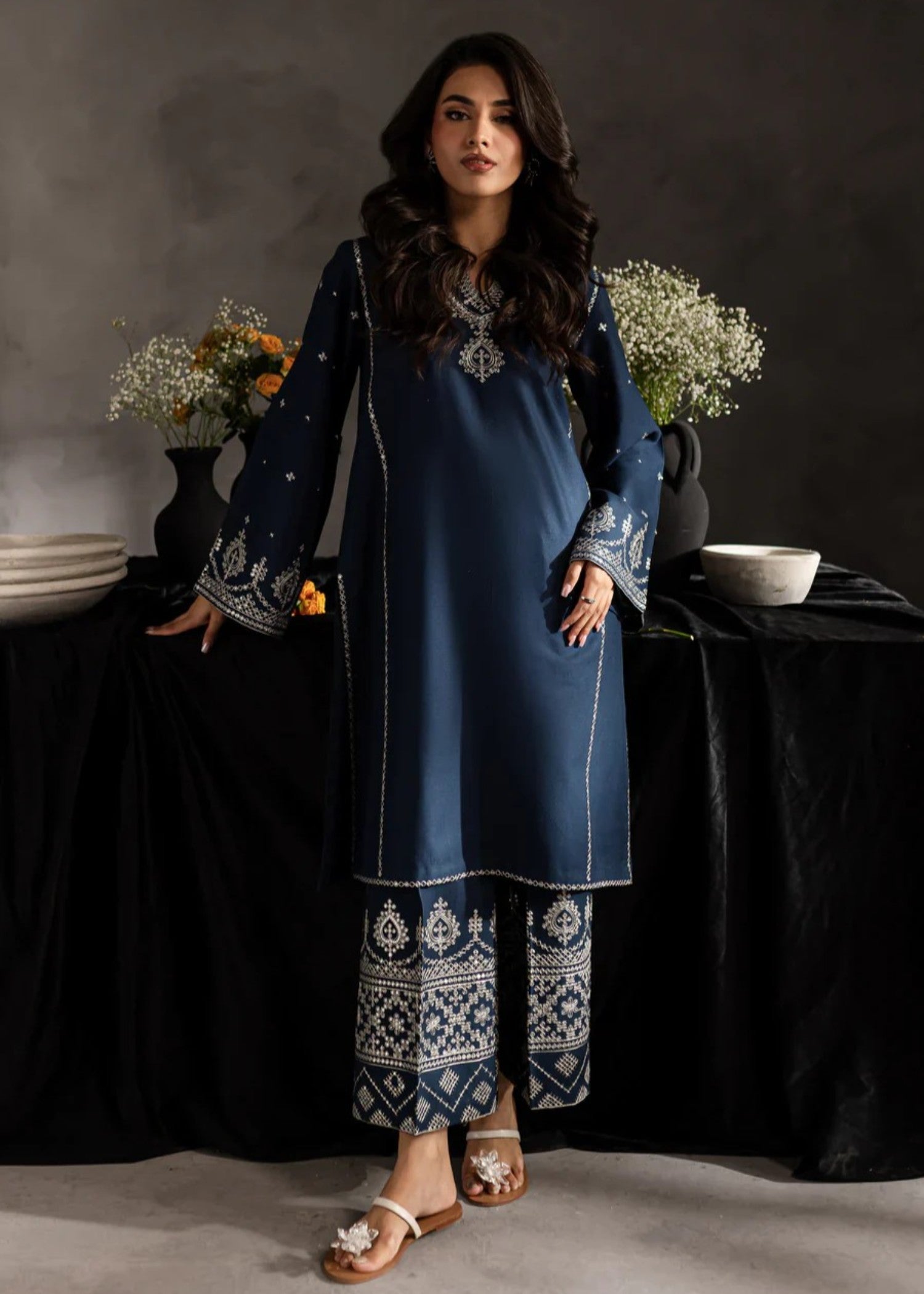 cambric Kurta Set in Midnight blue