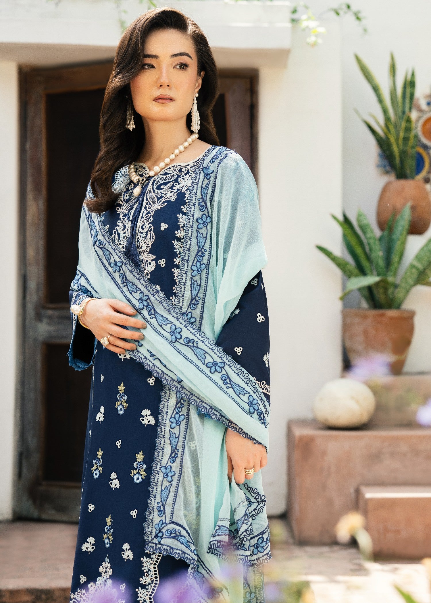 lawn Kurta Set in Powder blue, navy blue
