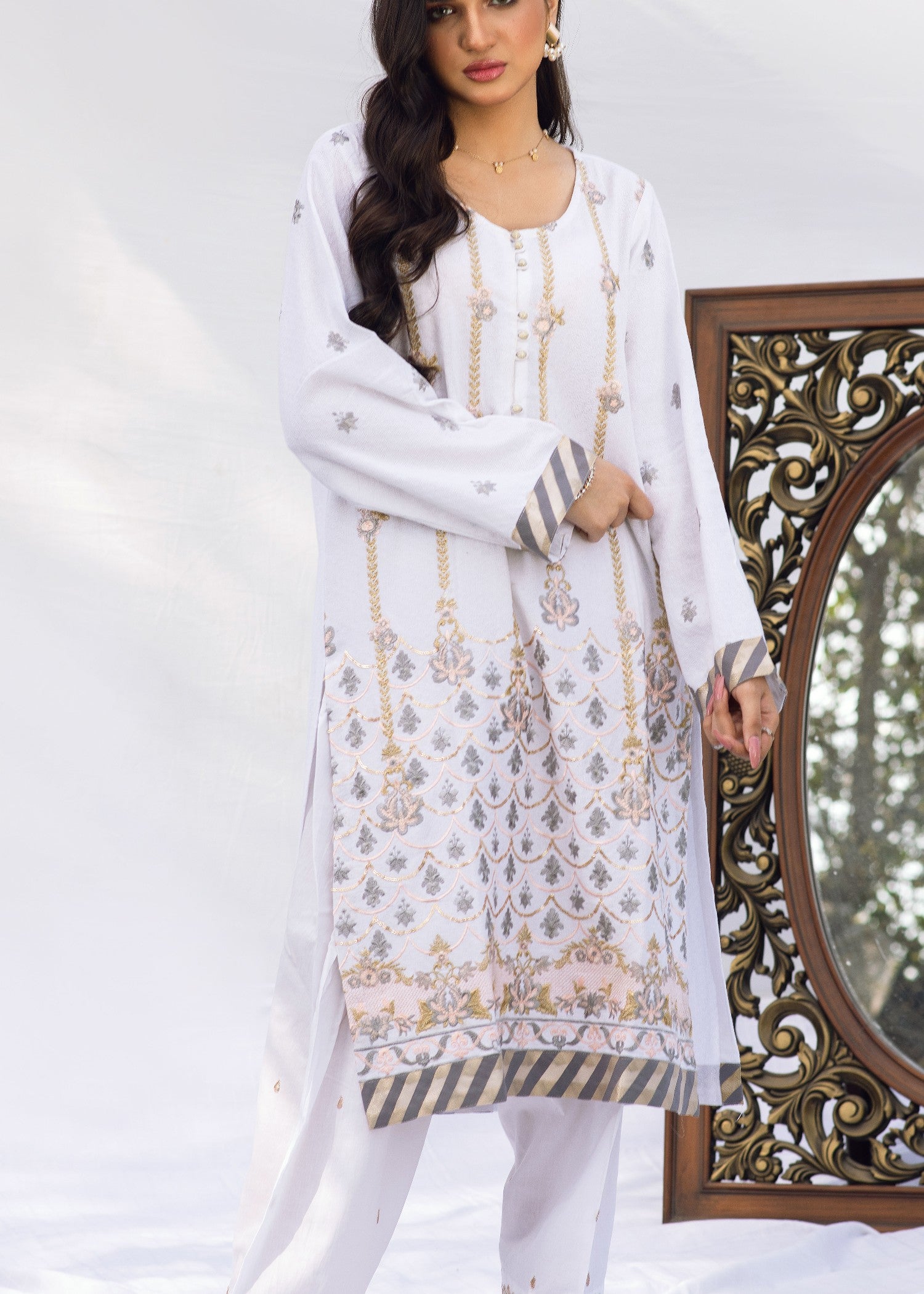 self jacquard Kurti in White
